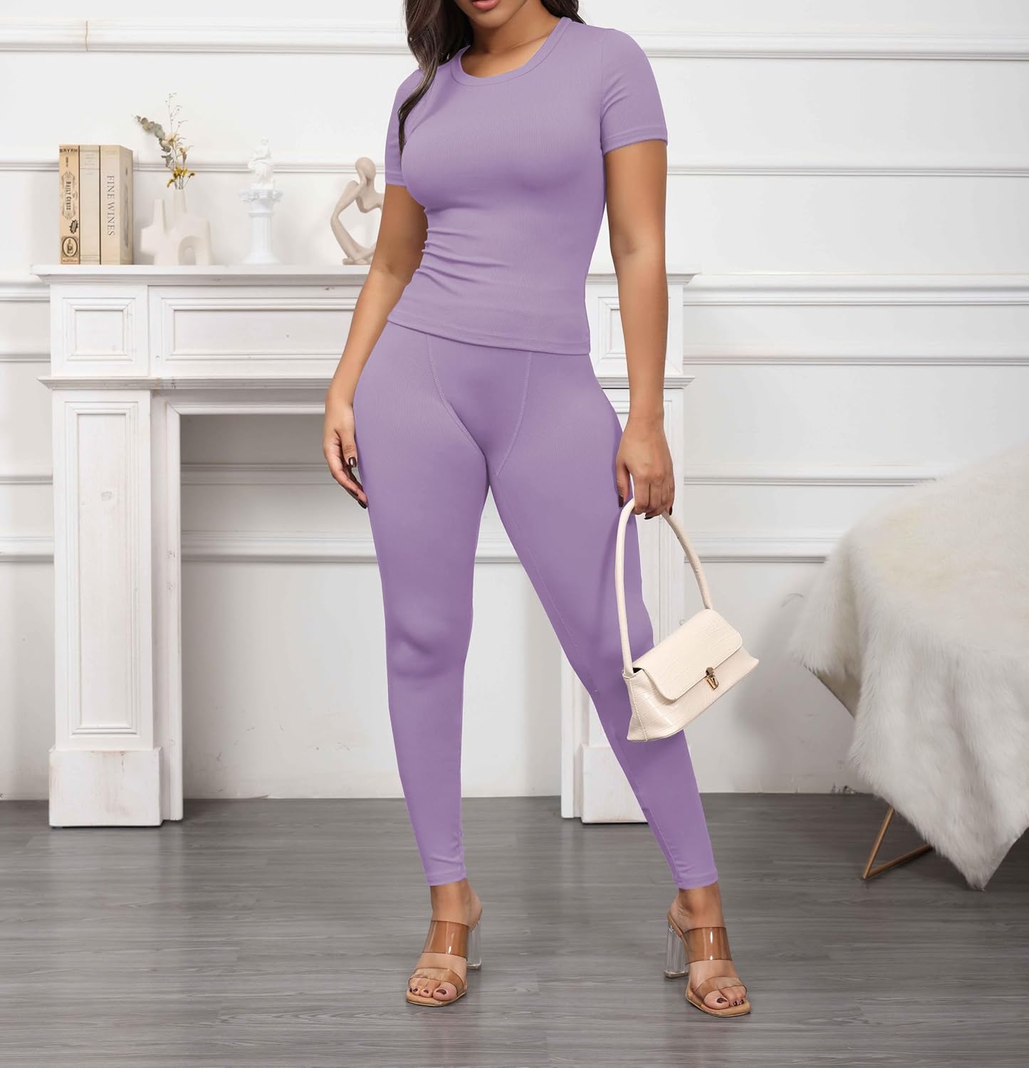 PINSV 2 Piece Sets for Women Summer Casual Jogger Workout Outfits Fitted Crew Neck T-shirt High Waist Legging Sets - Image 5