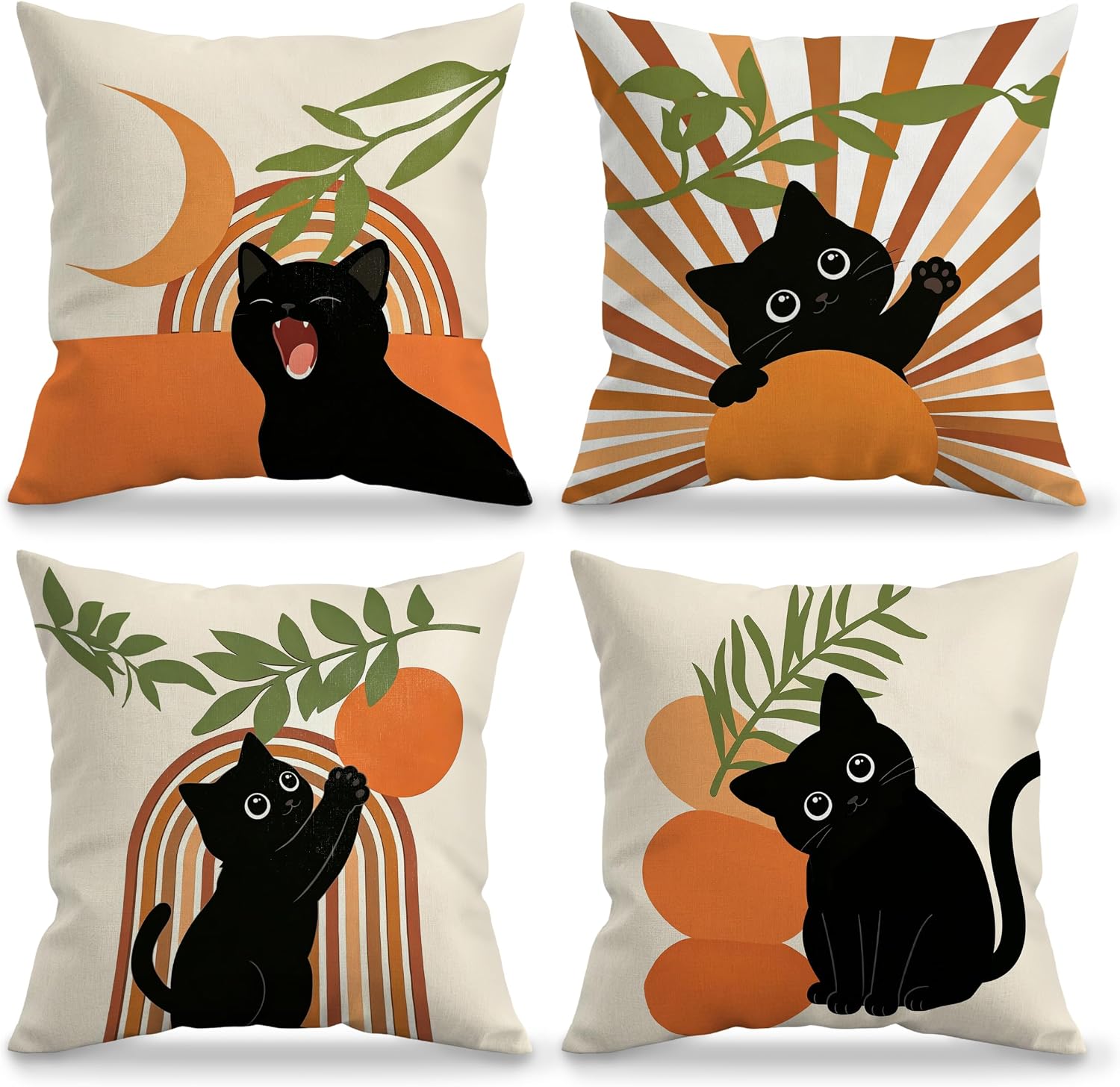 Boho Black Cat Pillow Covers 18x18 Set of 4