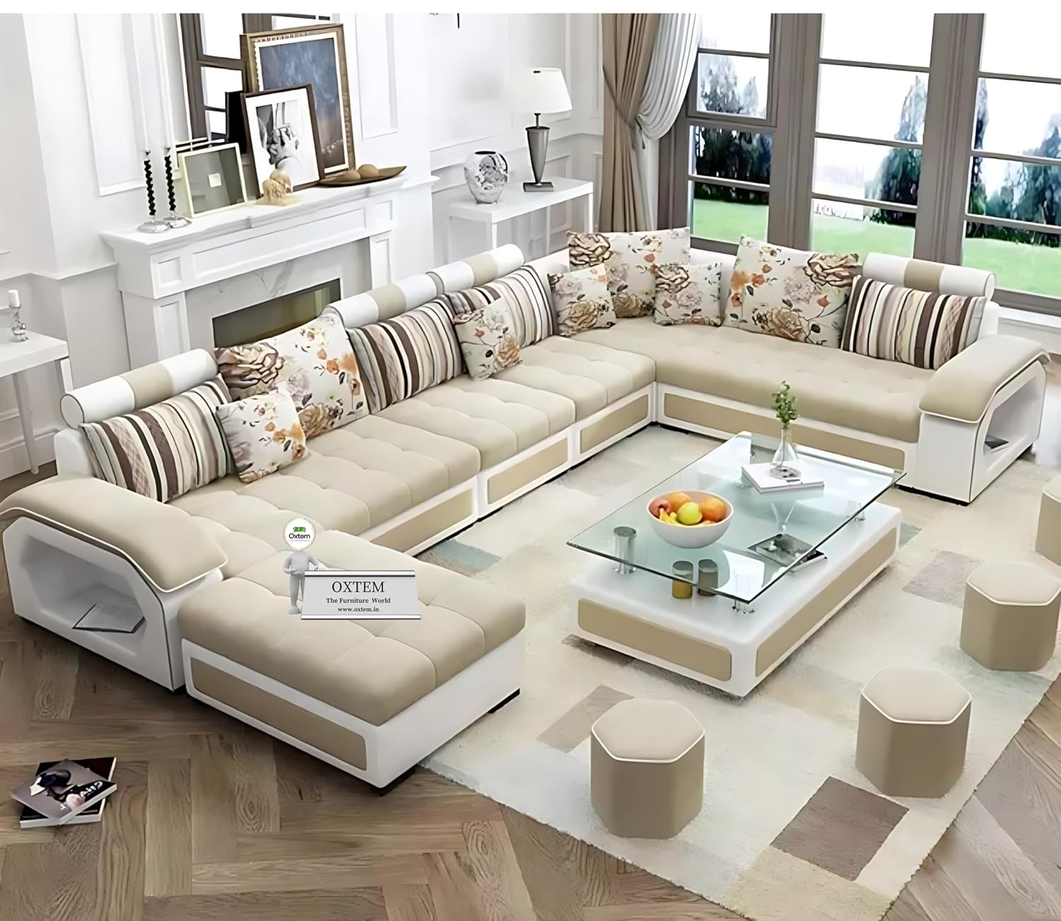 U-Shape Sectional Sofa for Living Room, 10-Seater | Fabric Sofa Set, Seating Capacity 14 Persons with Tea Table & 4 Puffy | Pre-Assembled U-Shape Sectional Sofa for Living Room, 10-Seater | Fabric Sofa Set, Seating Capacity 14 Persons with Tea Table & 4 Puffy | Pre-Assembled