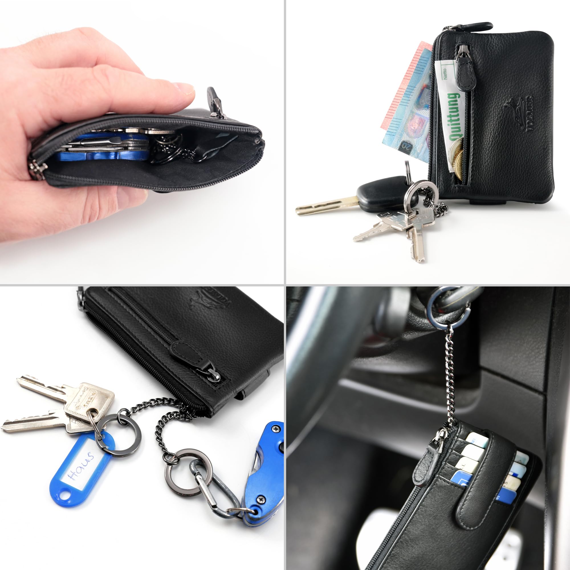 Fa.Volmer Etui na klucze 2 przegródki | plus 4 zewnętrzne przegródki na karty z ochroną RFID | prawdziwa skóra | w zestawie pudełko prezentowe | model: Keytcher