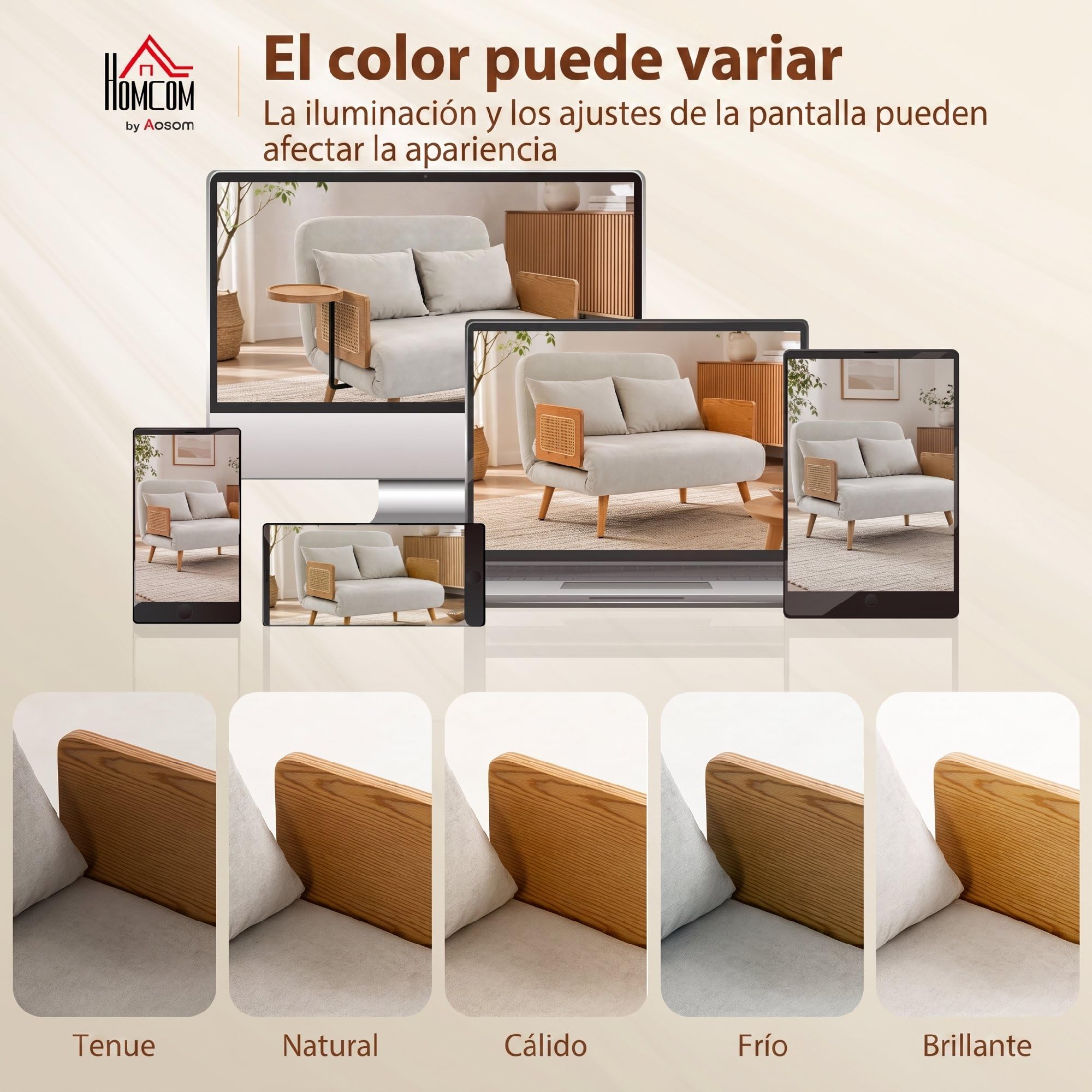 HOMCOM Sofá Cama 2 Plazas Convertible 3 en 1 131x78x82 cm Blanco Crema | Sofá Cama Plegable, Tapizado Chenilla, Respaldo Ajustable, Mesa Lateral de Madera, 2 Almohadas con Funda Lavable