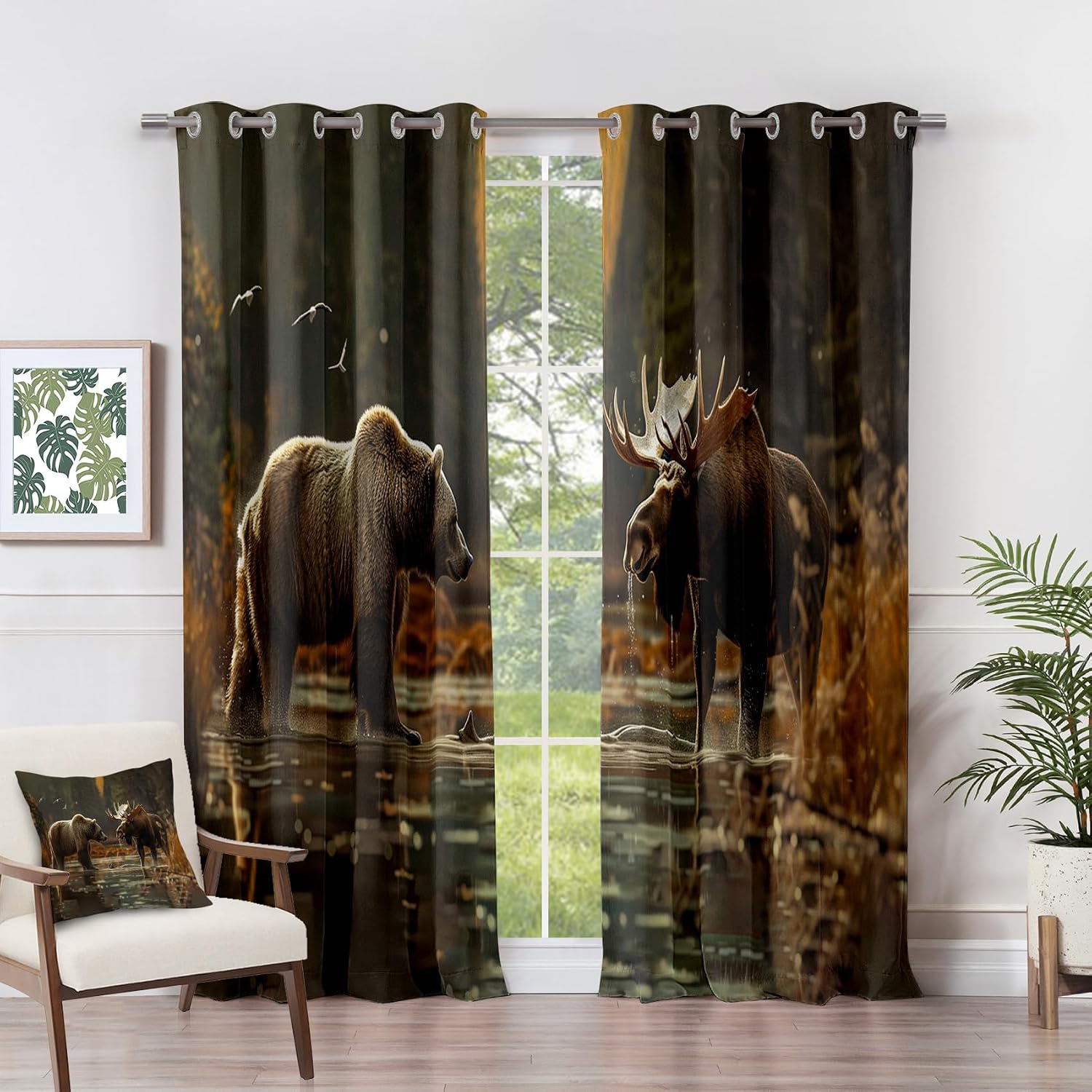 Bear Curtains 63 Inch Length - Wild Animal Wildlife Grizzly Patterned Blackout Curtains for Living Room Bedroom, Room Darkening Grommet Drapes Window Treatments, 2 Panel Set