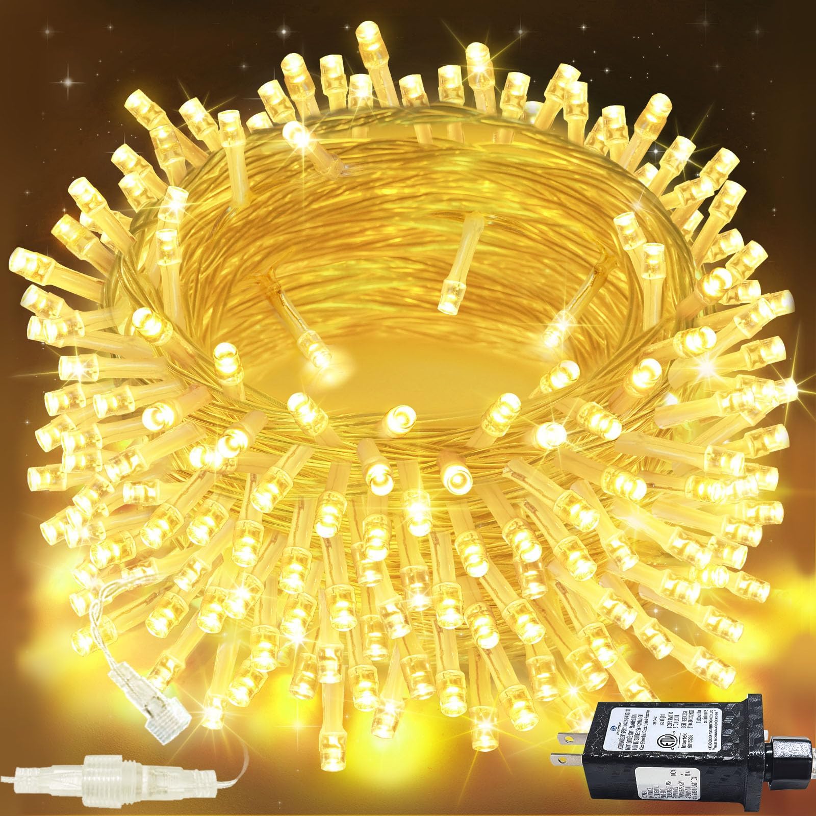 Connectable 200 LED String Lights Indoor Outdoor with Timer, 66FT 13 Modes Warm White Christmas Lights Waterproof, Twinkle Fairy Lights Plug in Clear Wire for Christmas Tree, Bedroom, Classroom Decor