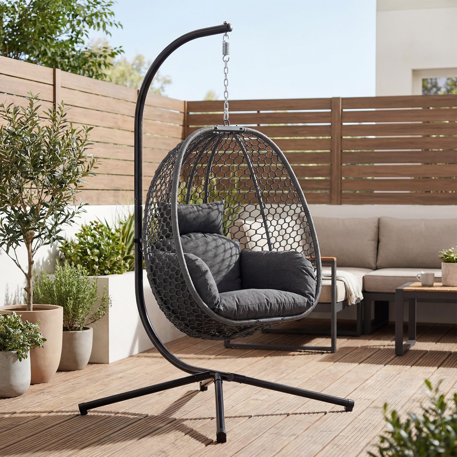 Ya-home Folding Hanging Egg Swing Chair with Metal Stand & Weatherproof Cushion, Polyrattan Weave Patio Garden Basket Hammock Chair for Outdoor, Balcony, 180kg Weight Capacity, Dark Grey