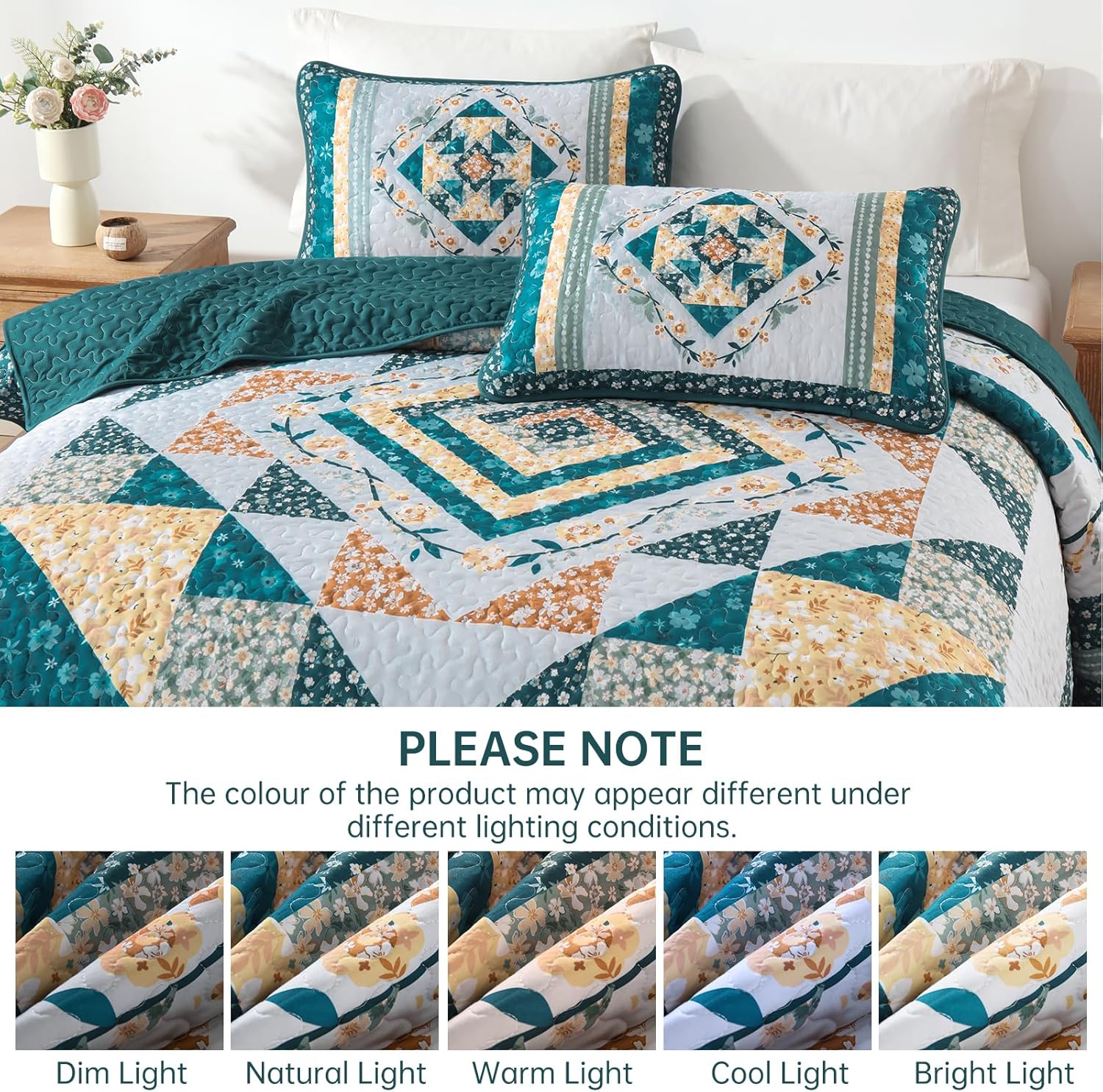 Dobuyly King Quilt Bedding Set,Vintage Floral Patchwork King Bedspread Teal Lightweight Coverlet Bedding Set with 2 Pillow Shams 110"x90"