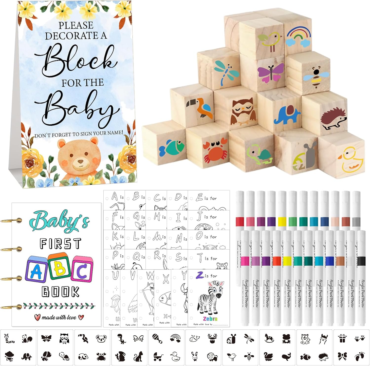 146 Pcs Baby Shower Game Sign Set Includes Decorative Square 54 DIY Blank Wooden Blocks 24 Paint Markers 27 Page Babys First ABC Book (Blue Bear)
