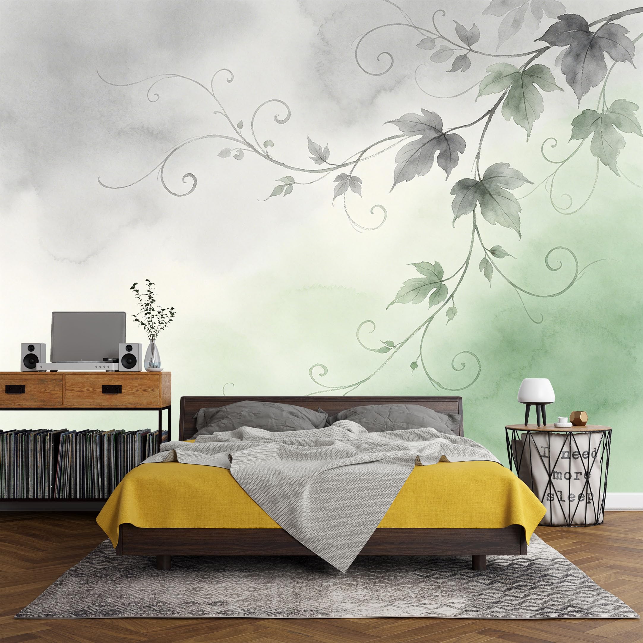 Custom Size Wall Mural， Botanical Watercolor Green Vine Leaves Minimalist Nature Art， SelfAdhesive Art Prints wall Fabric (No PVC) Removable Wallpaper Living Room Decor