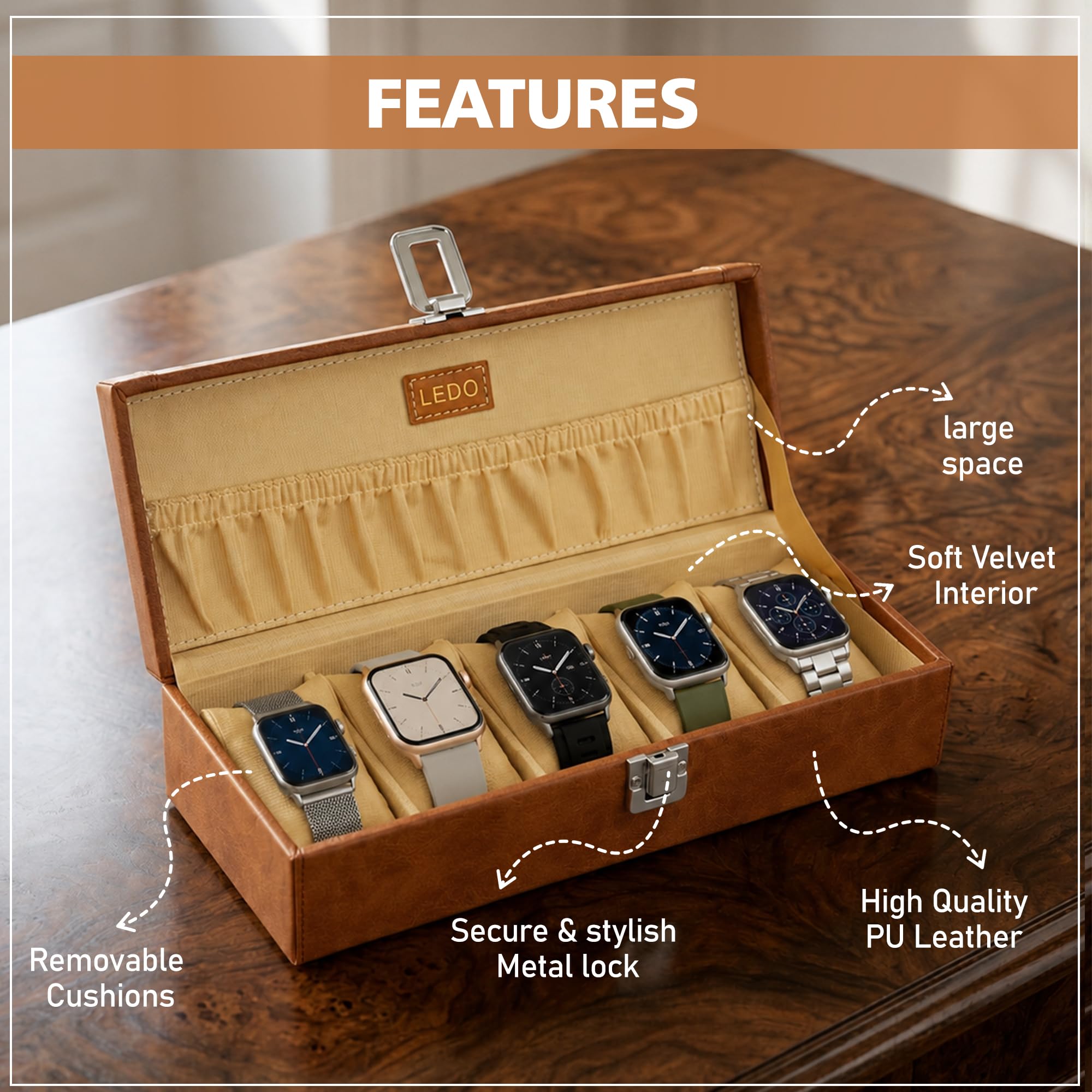 LEDO Watch Box organizer case for Men and Women in tan color with 5 slots of watches PU Leather 1