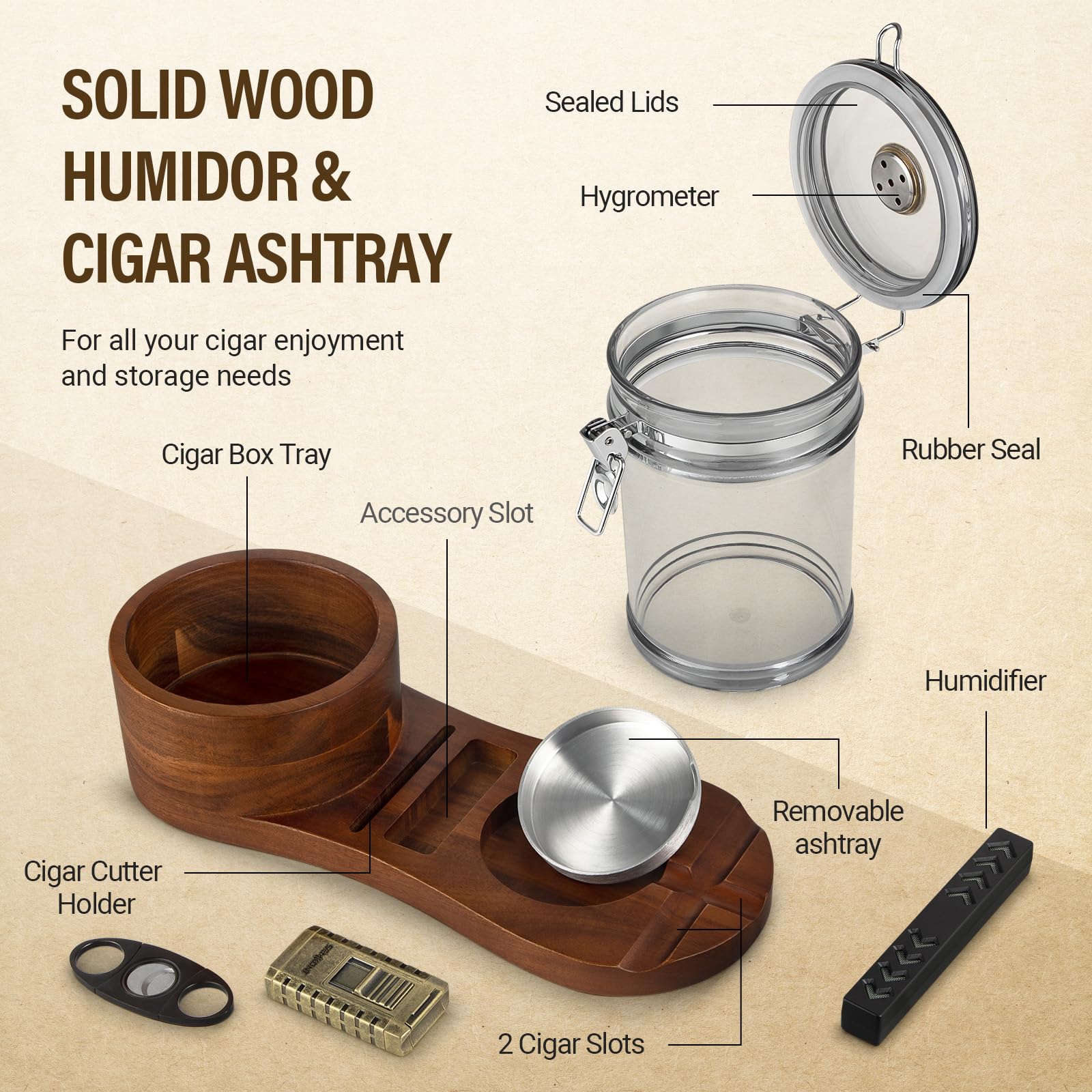 Juego de humidor de puros y cenicero de puros, cenicero de madera con bandeja para tarros, accesorios de cigarros, juegos de regalo para hombres (marrón oscuro, ovalado)