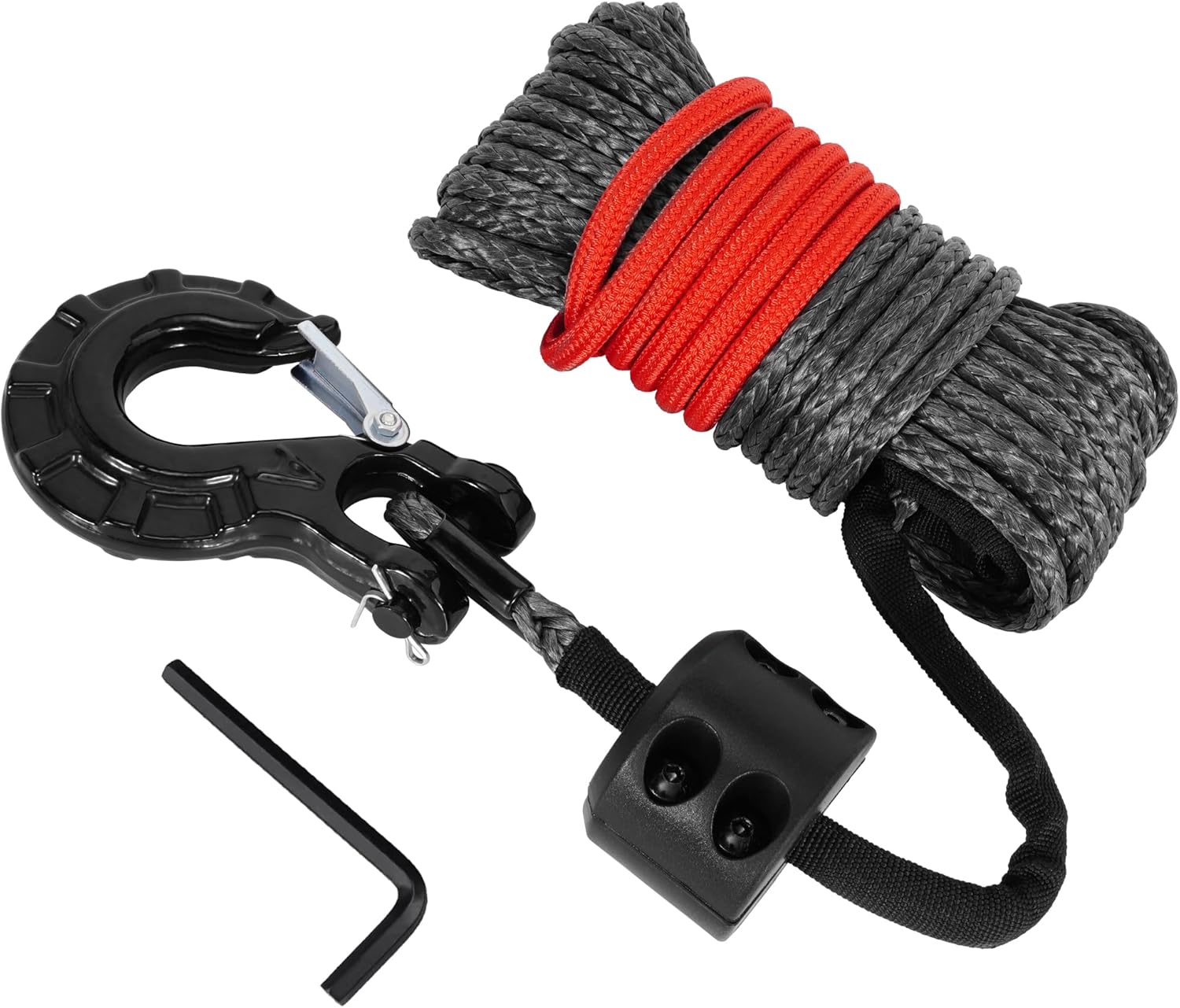 Synthetic Winch Rope Kit 1/4 inch x 50ft 9650lbs Winch Cable with Protective Sleeve Steel Hook Rubber Stopper and Hexagon Wrench for ATV UTV SUV