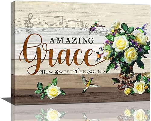 Decoración de pared floral de granja, flores rústicas de colibrí, arte de pared, pintura de gracia increíble, lienzo enmarcado para el hogar, baño,