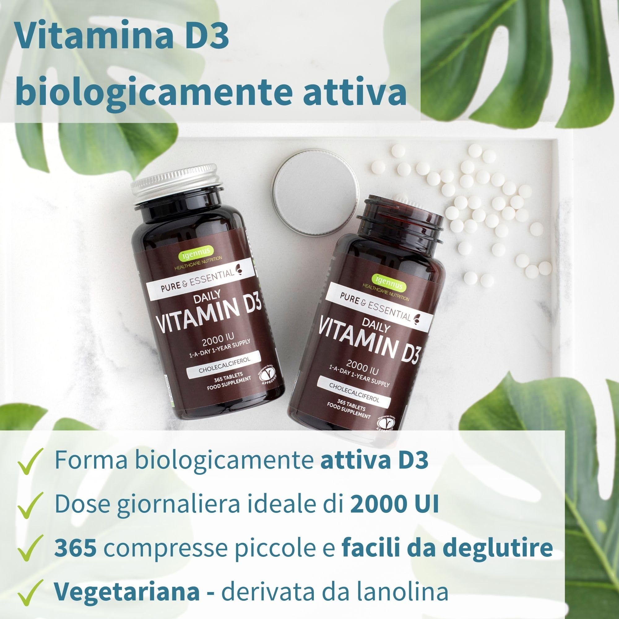 Igennus Vitamina D3 2000 UI (50 μg), 365 Compresse Scorta per 1 Anno, Vitamina D Pura, Integratore D3 Vegetariano, Colecalciferolo, Formula Pulita, Difese Immunitarie, Ossa, Denti e Muscoli