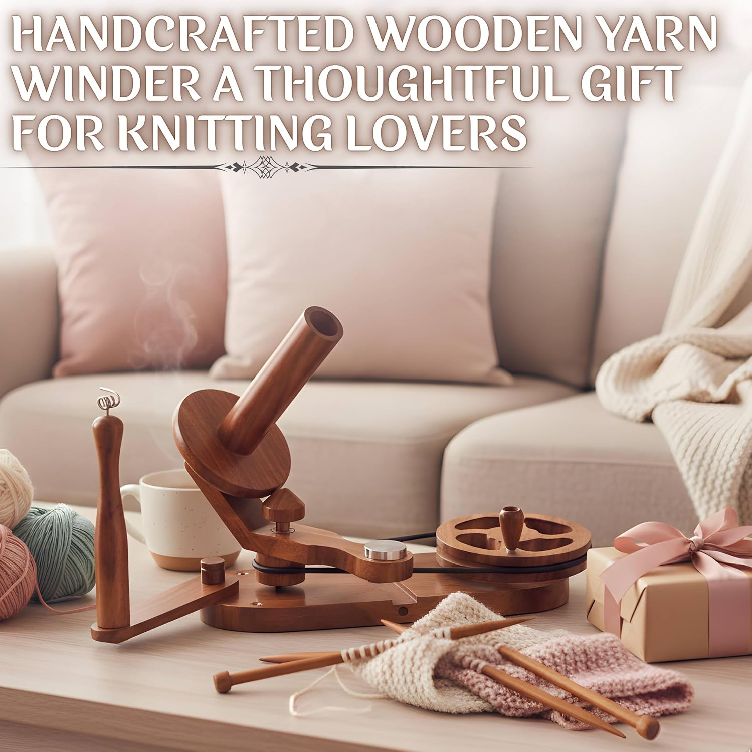 Brainmart Wooden Yarn Ball Winder, 9-pcs Crochet Set, Handcrafted Ball Winder, Crochet Hooks 5mm, 6mm, Bobbins, Weaving Needles for Knitting