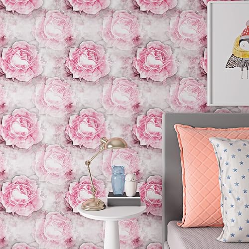 Miniatura 7 de Papel tapiz floral rosa rubor para despegar y pegar, papel tapiz de peonía blanca y rosa con niebla matutina, para pegar y despegar de 17.5 x 10