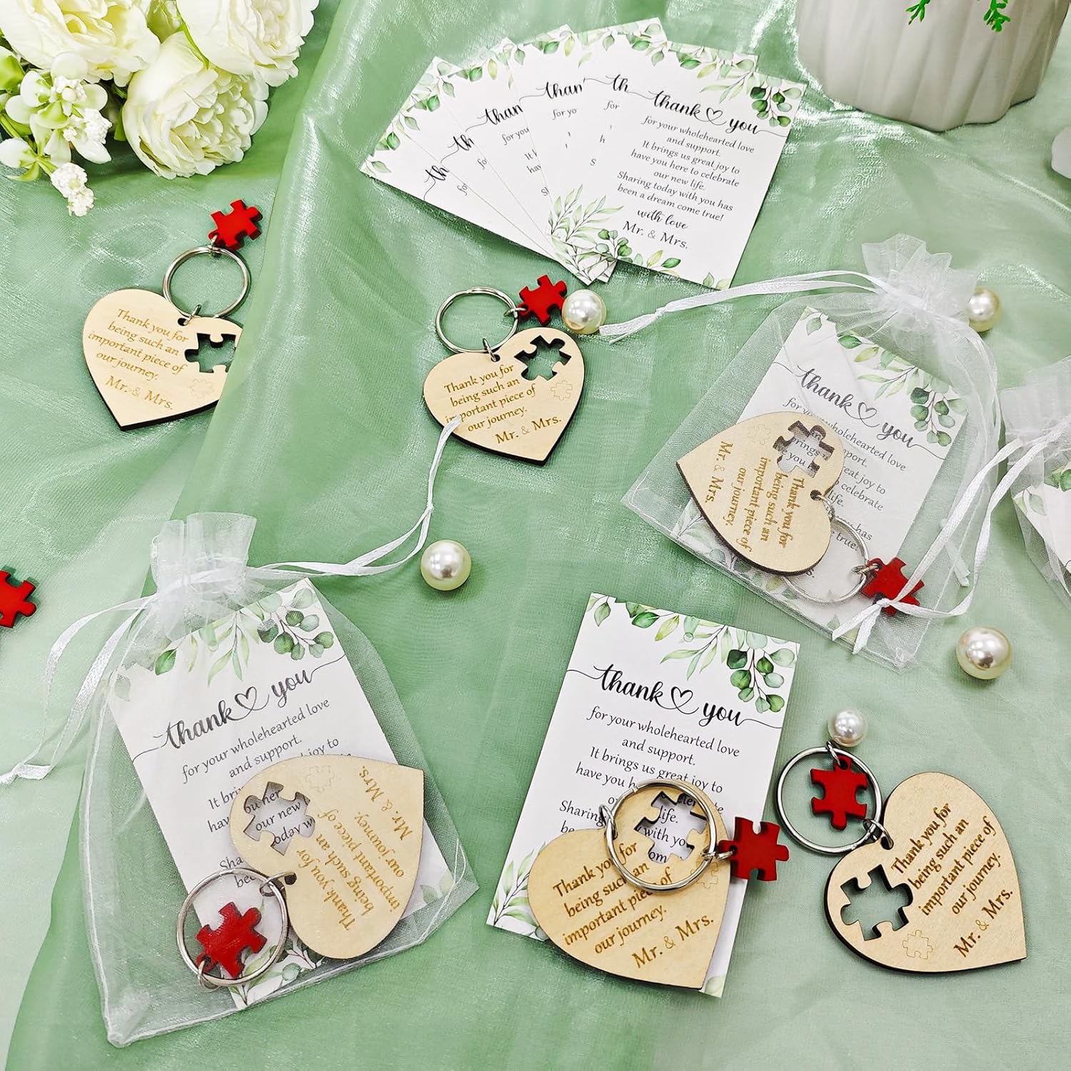 AerWo 100 Sets Wedding Favors for Guests, Wedding Party Favors with Wood Heart Puzzle Keychains Thank You Cards and Organza Bags, Rustic Weddings Gifts for Guests Souvenirs Thank You Gifts
