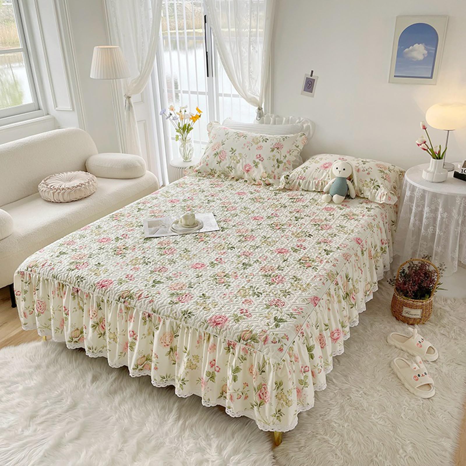 花柄ベッドスカート 200cm x 150cm Amazon｜フリル付きベッドスカート、コットン厚手のキルティング
