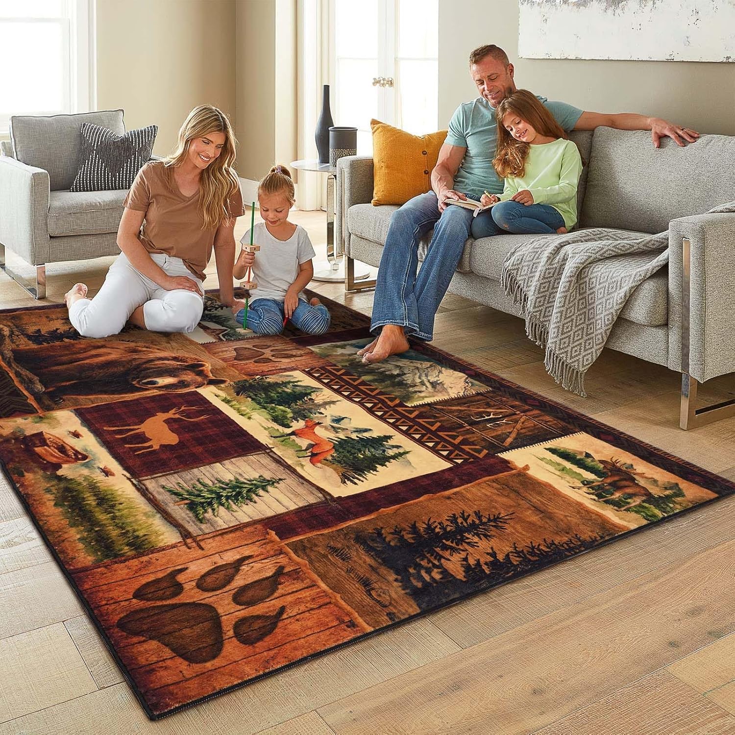 ASPMIZ Rustic Cabin Area Rug 5x7, Lodge Bear Moose Deer Rugs for Living Room, Low Pile Southwestern Washable Rug Non Slip, Soft Buffalo Throw Rugs for Bedroom, Vintage Country Wildlife Home Decor - Image 2