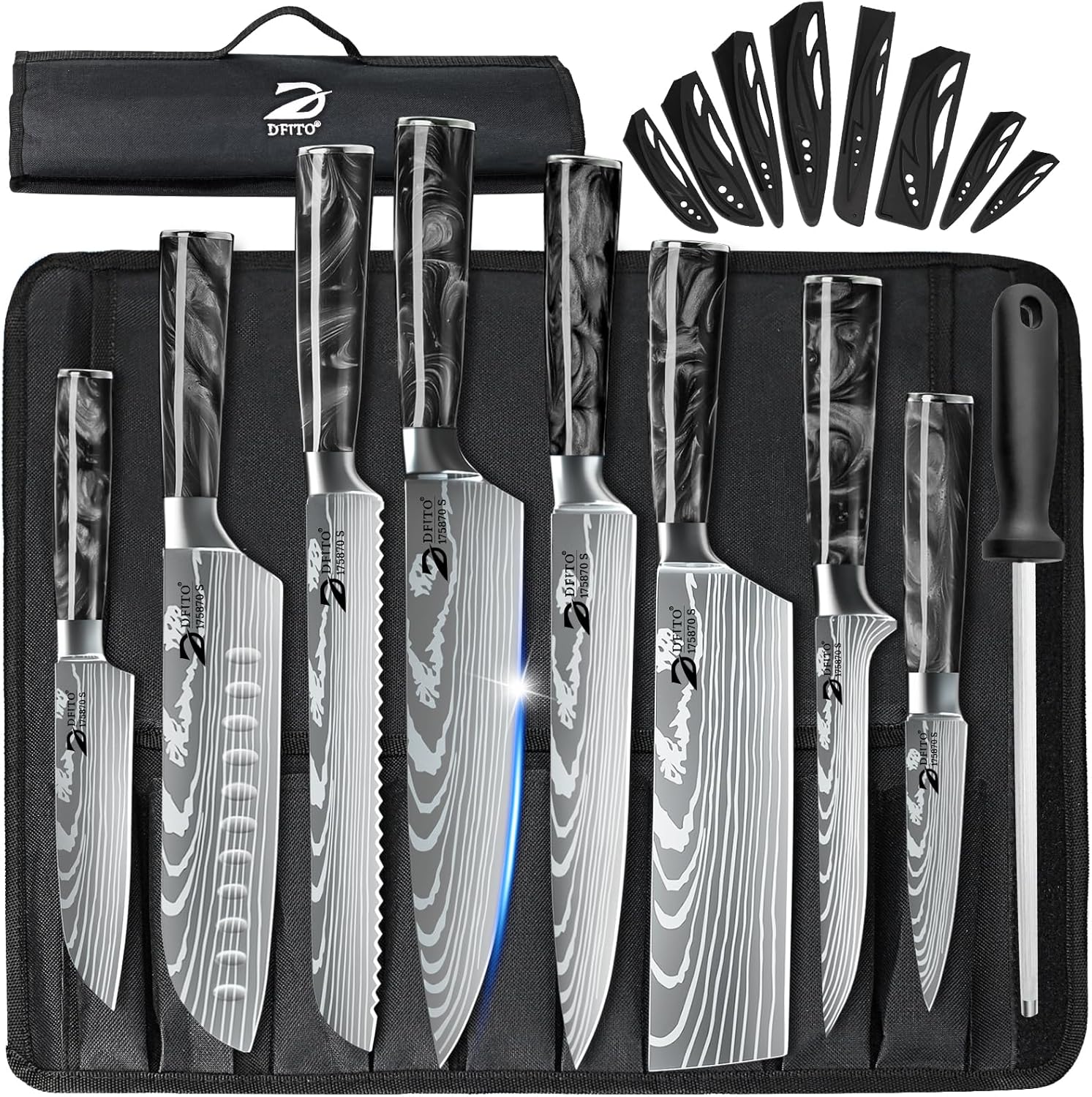 Dfito Chef Knife Sets with Roll Bag, 9 Pieces Professional Knife Set with Sharpener, High Carbon Stainless Steel Kitchen Chef Knife Set - Black Resin Handle, Dishwasher Safe, For Cooking, Chef Gifts
