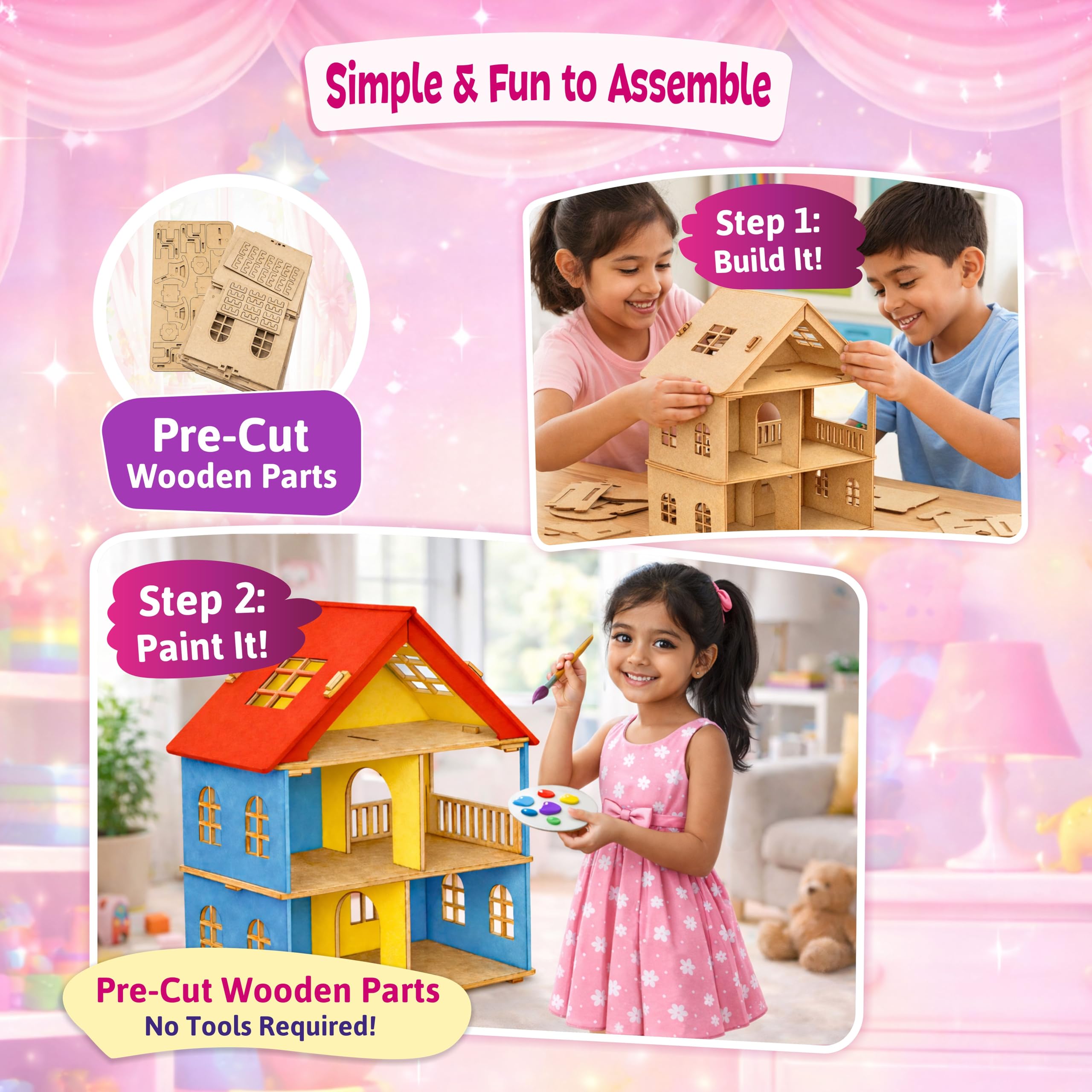 Clapjoy Big DIY Wooden Toy House Gift Kit with Miniature Furniture & Paint Set - Easy Assembly Doll House for Kids, Boys Girls 3 4 5 6 7 Year – Creative Play & Learning (Dolls House) 2
