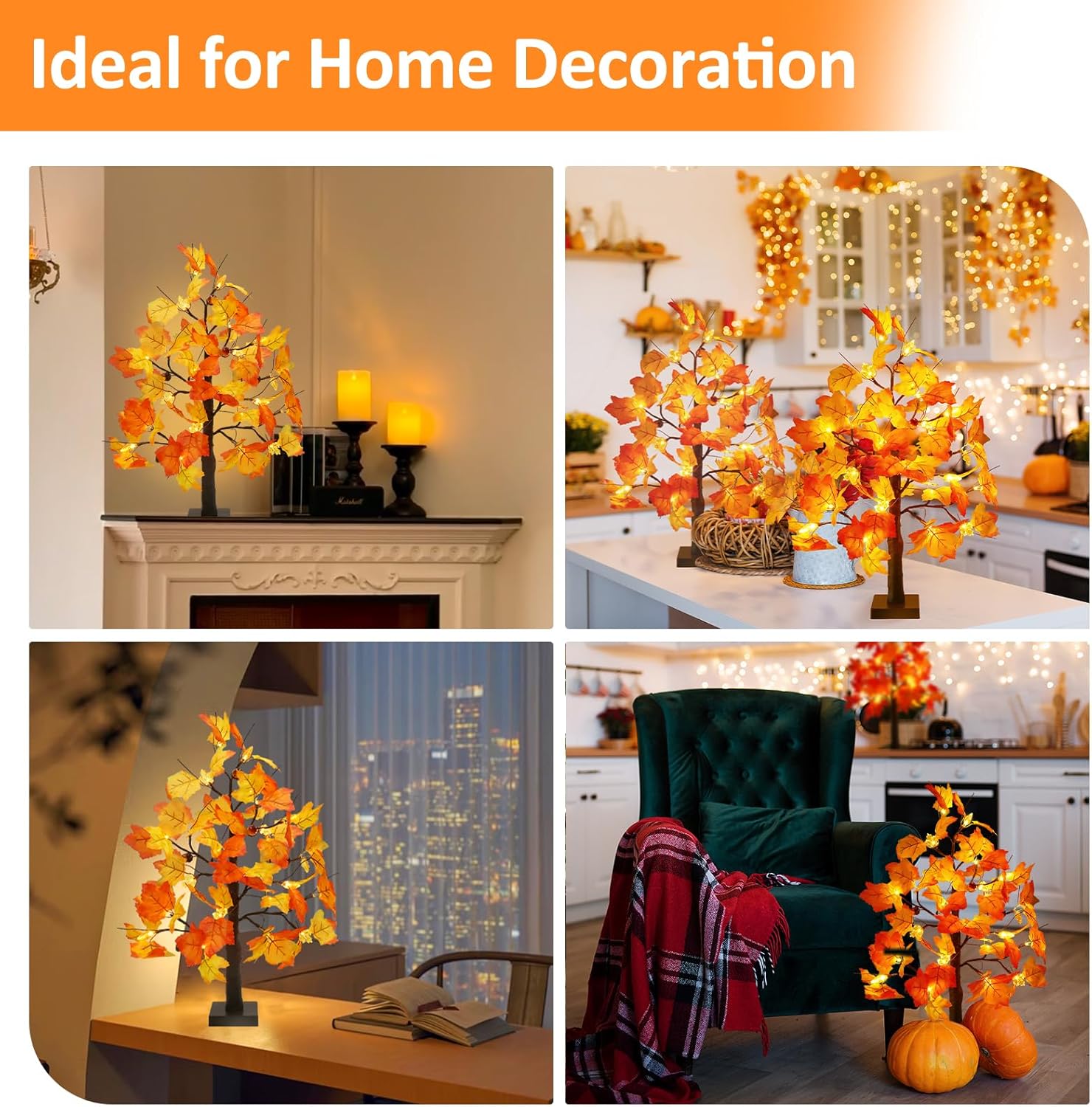 Joyhalo 2 Pack 23.5 Inch Fall Trees with Lights, Timer Battery Operated Fall Light Up Tree for Thanksgiving Autumn Home Office Room Indoor Decorations, Faux Fall Lighted Maple Trees Decor - Image 7