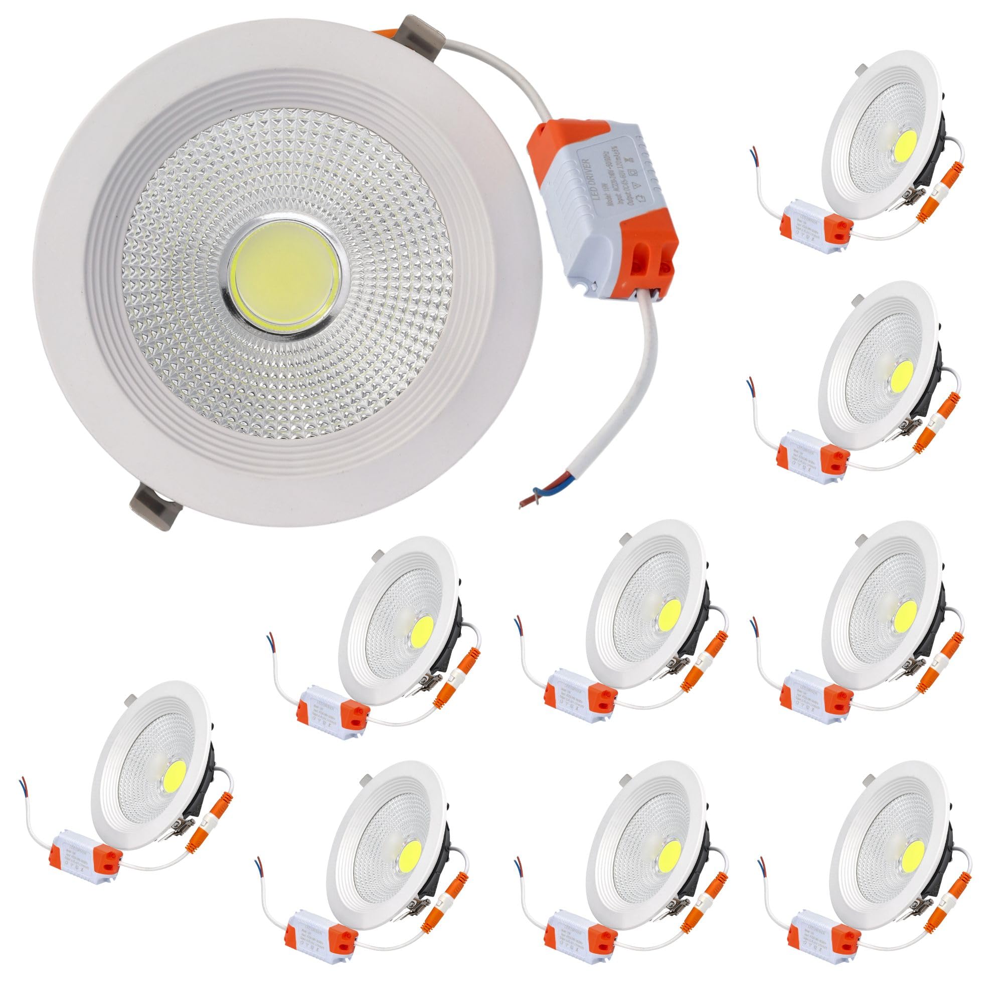 JANDEI – Confezione da 10 Faretti LED COB da Incasso da 15W, 1350 Lumen, Cornice Rotonda Bianca 160x55mm (Foro da 130-135mm). IP44 Ideale Cucina, Bagno - Luce fredda 6000K
