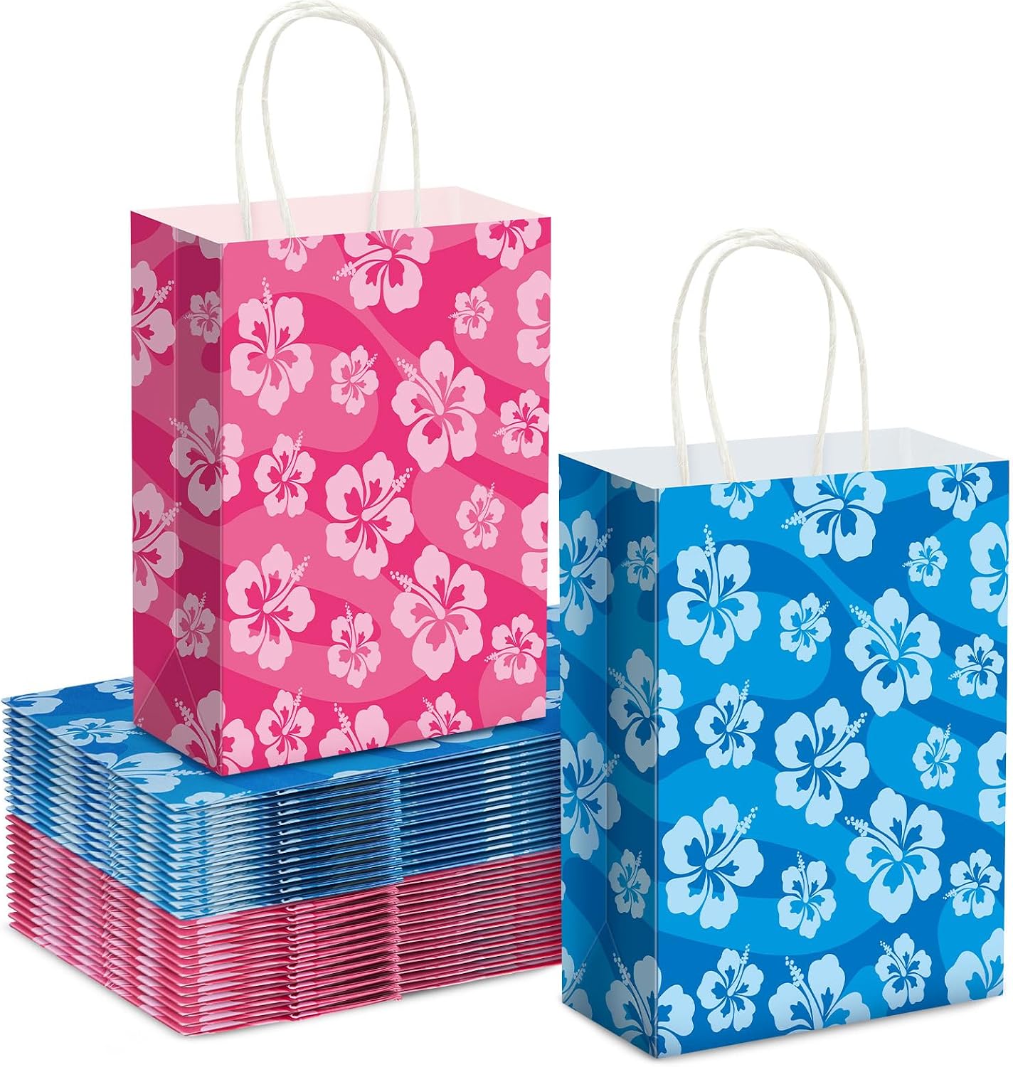 Kolldenn 24 Pcs Cute Cartoon Blue Pink Hibiscus Party Gift Bags, Classic