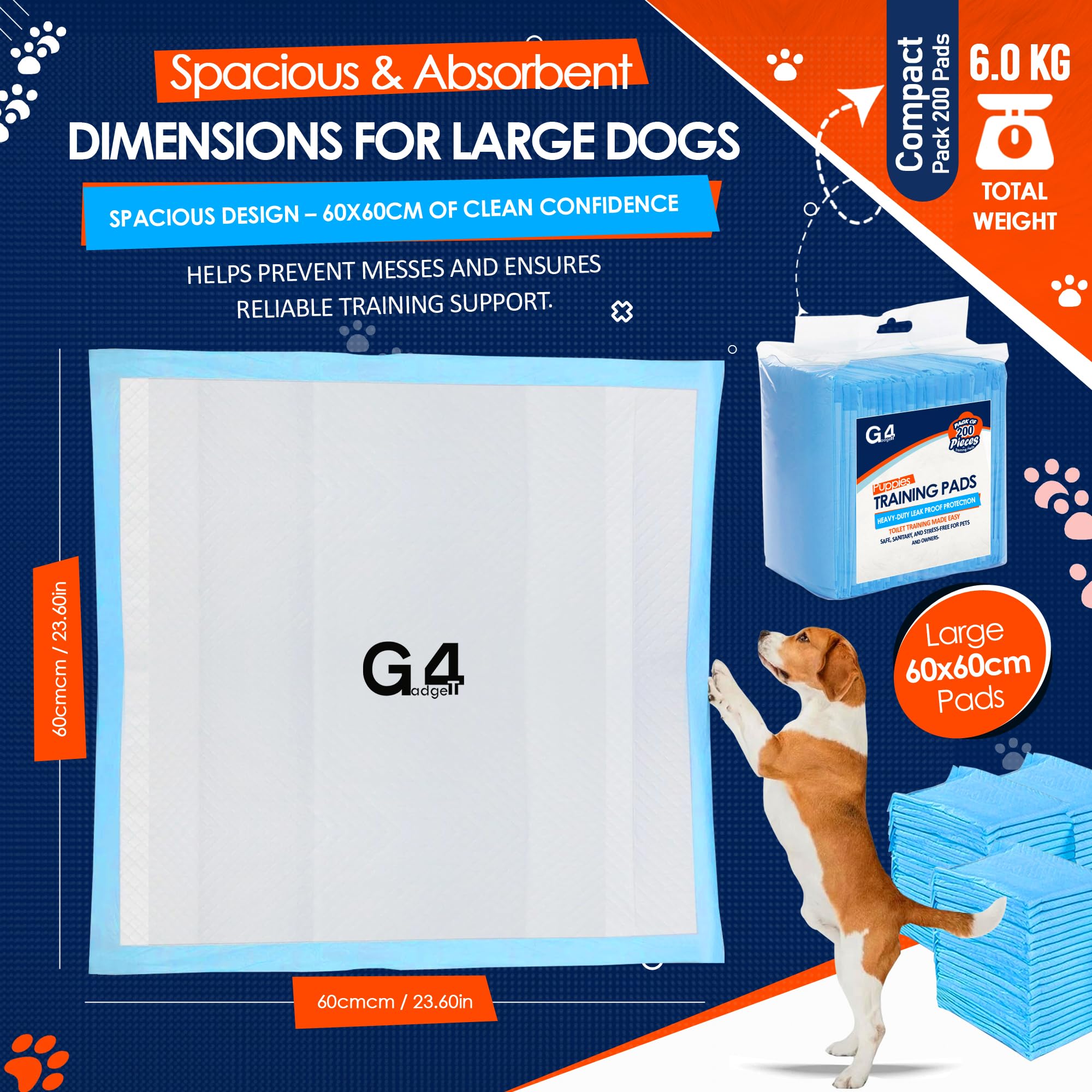 Dog and Puppy Training Pads Large Size Pack of 40 60x60cm Super Absorbent, Blue - Image 4