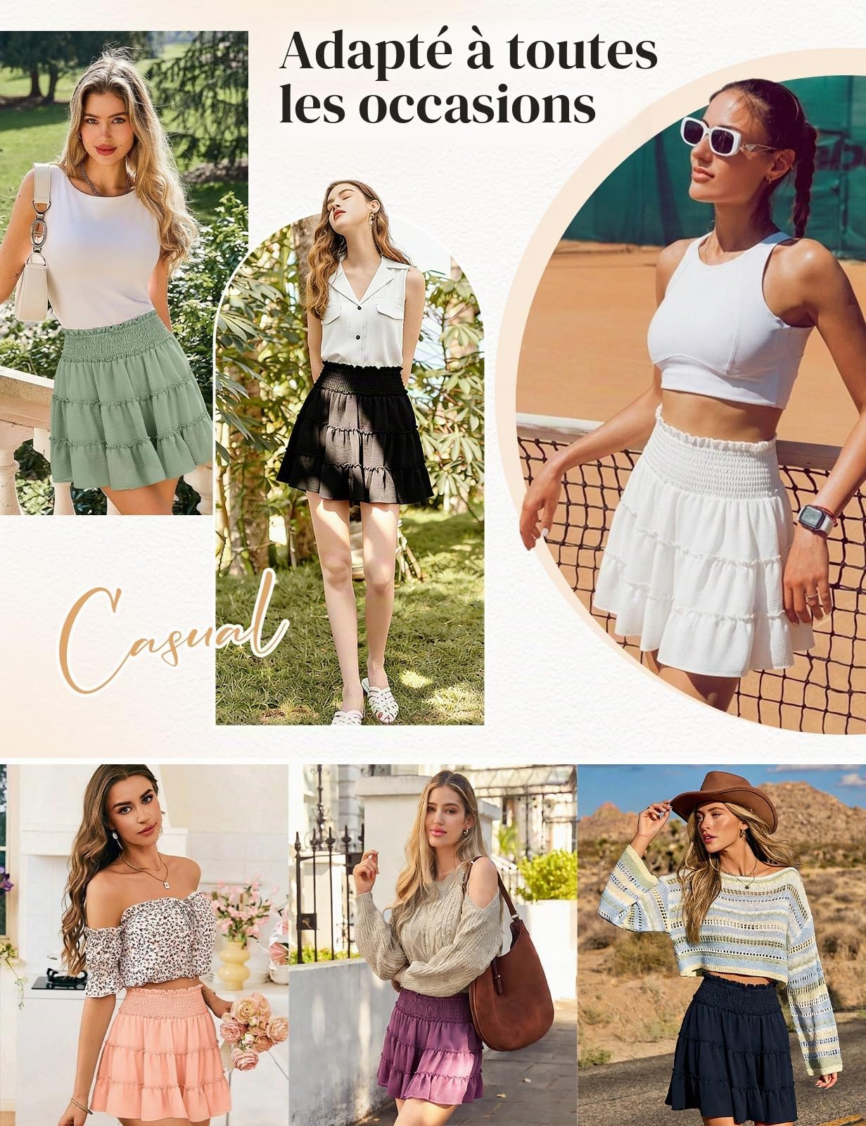 Jupe Femme Mini Ete Chic et Elegant Elastique Taille Haute Courte Jupes Patineuse à Volants en Tulle Couleur Unie Jupe de Plage d'été Décontractée Fluide avec Short