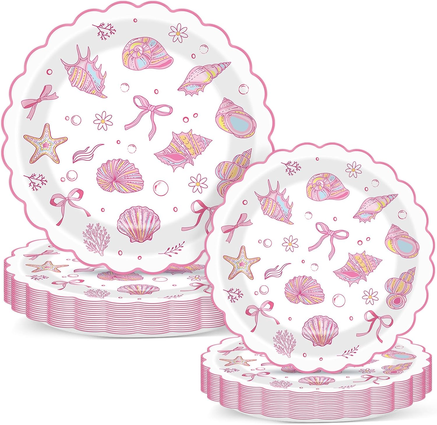 48Pcs Pink Bow Starfish Seashell Party Paper Plates Coquette Coastal Beach Party Decoration Scalloped Ocean Dessert Dinner Tableware Under The Sea Decor for Summer Birthday Wedding Baby Shower Supplie