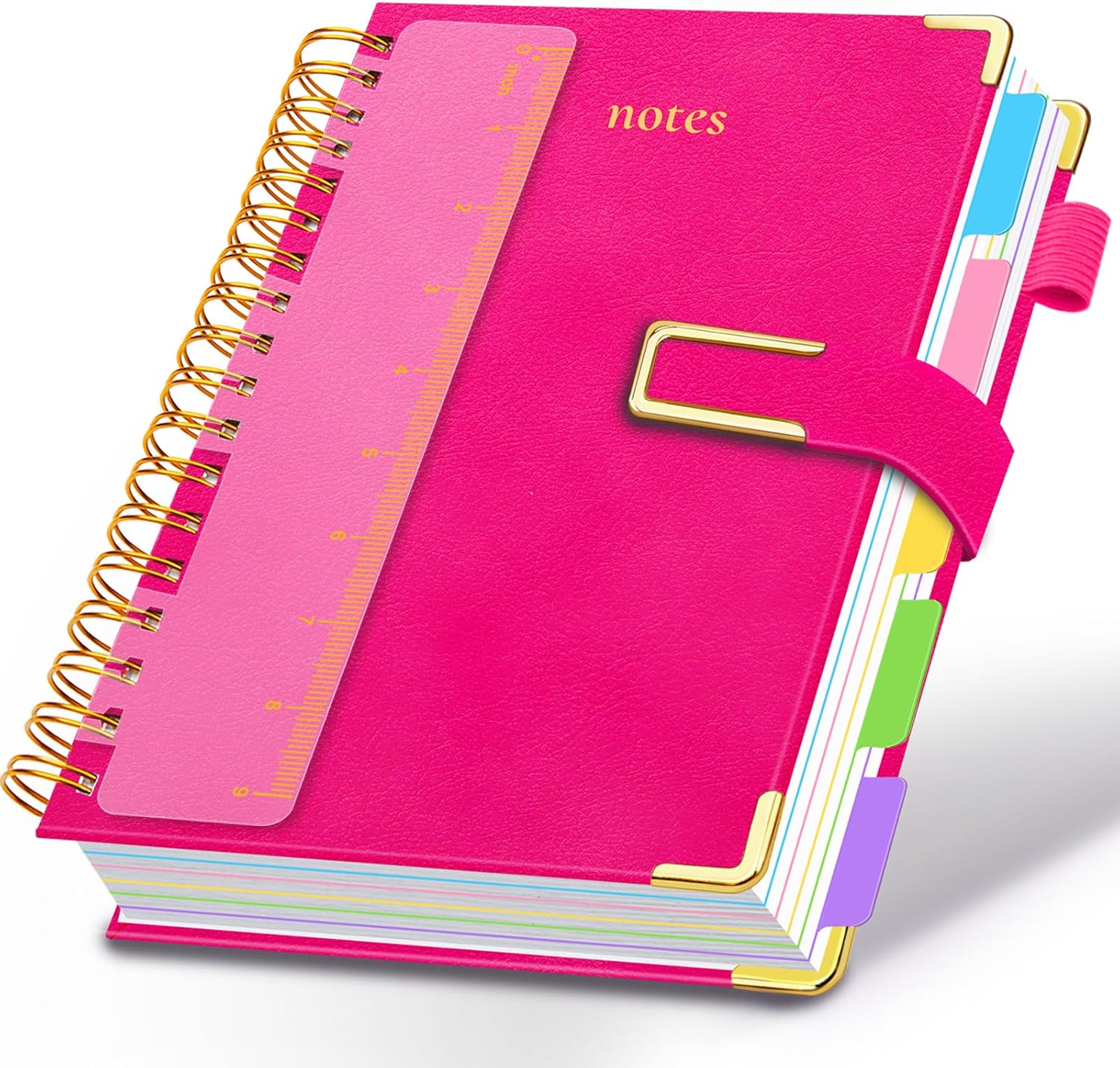 Hardcover Spiral Notebook College Ruled, 8"x10" Leather Journal Notebook with Magnetic Closure, 300 Pages 5 Subject Notebook with Dividers Tabs Journal for Women Men, Work, School(Rose Red)