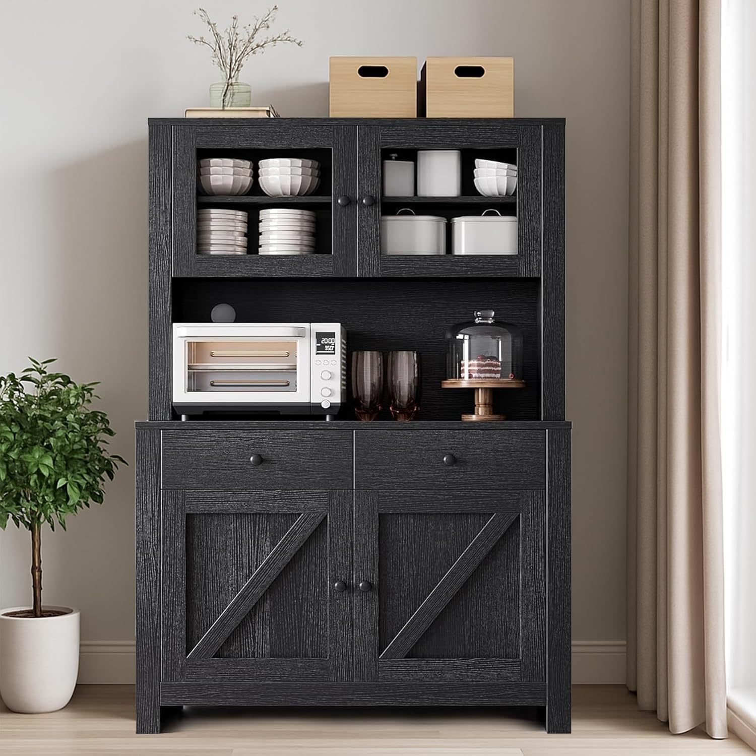 IDEALHOUSE 63" Kitchen Pantry Cabinet with Drawers, Hutch Cabinet with Storage, Microwave Stand, Adjustable Shelves, Freestanding Tall Pantry Storage for Dining Room, Living Room, Black
