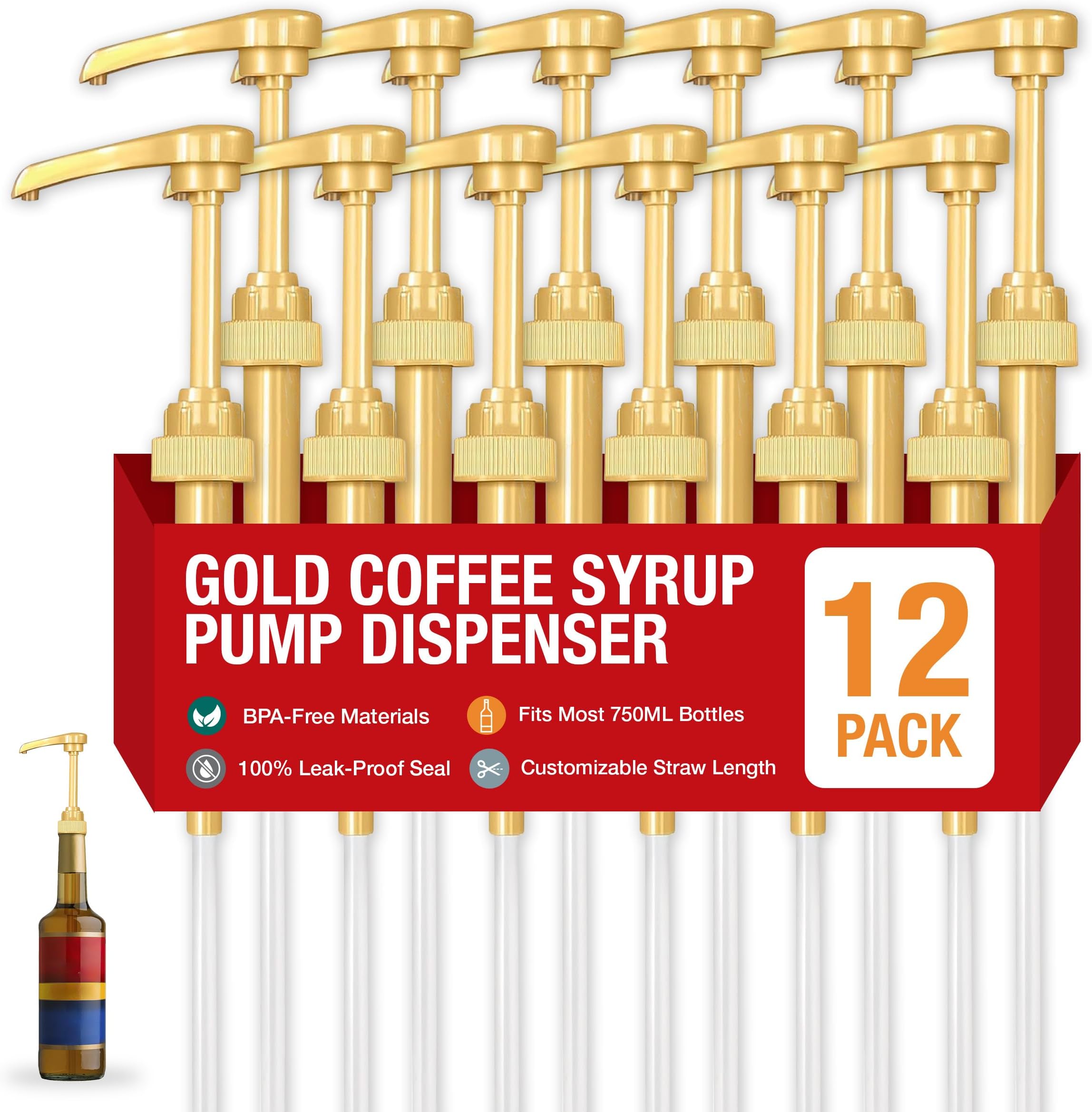 Syrup Pump, Compatible with 750ml Torani, Davinci & Skinny, 12-Pack, Gold | Leak-free, 1/4oz precision pump with locking nozzle. Great for coffee bar accessories, dirty soda stations & dessert sauces