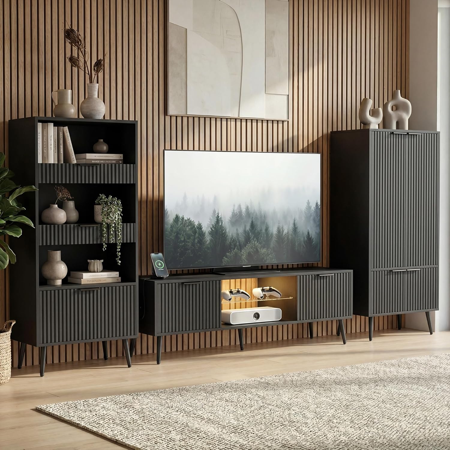 Foxemart 30-60" Black TV Stand Storage Set -1TV Stand & 1 Tall Bookcase & 1 Side Cabinet, Media Console with Glass & Wood Doors, Entertainment Center with Drawers, Tall Media Console for Living Room