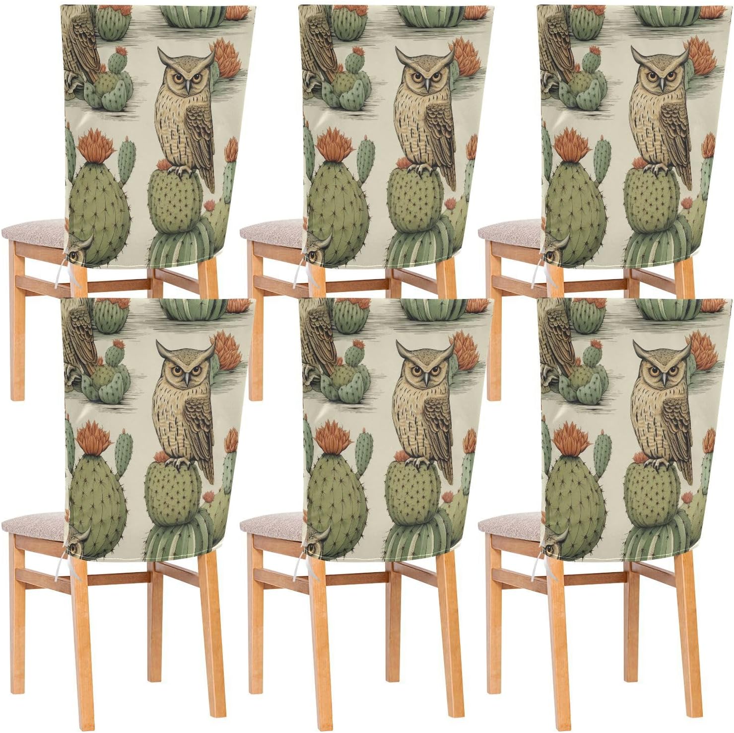 ALAZA Vintage Cactuses Owl Chair Back Cover Set of 6, Washable Reusable Removable Chair Slipcovers Decorative Chair Cover for Home Kitchen Wedding Party
