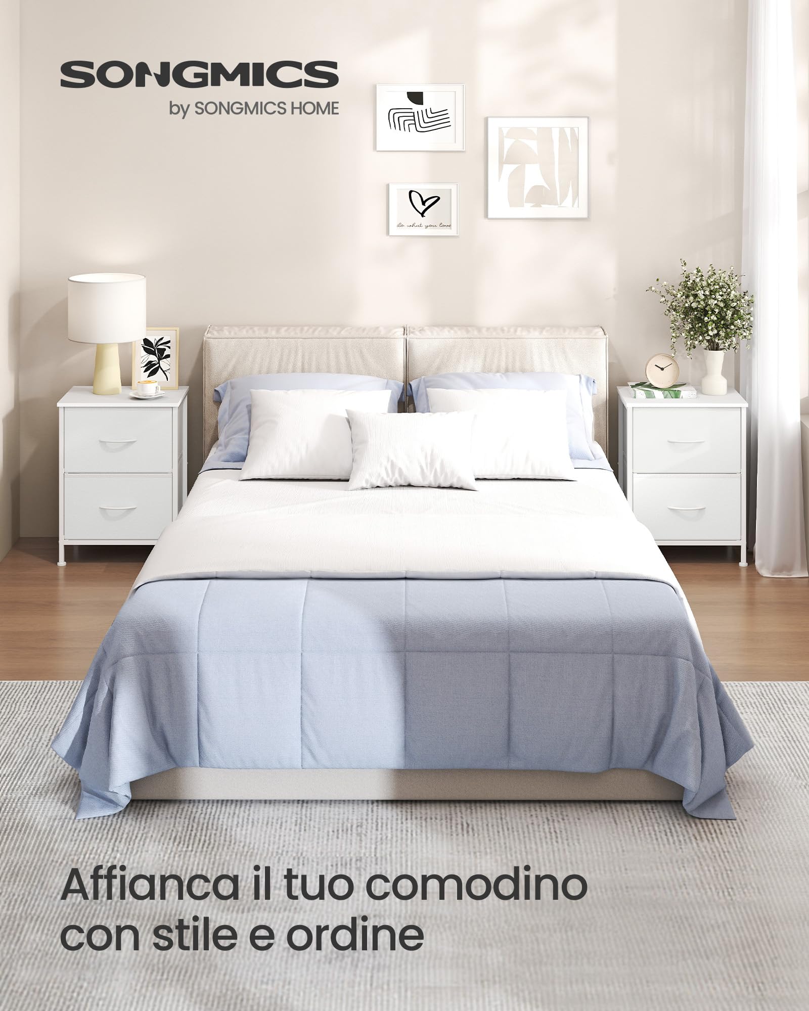 SONGMICS Comodino con 2 Cassetti in Tessuto non Tessuto, Acciaio, MDF, per Camera da Letto, Tavolino, Bianco Nuvola e Bianco Neve LGS312WH01