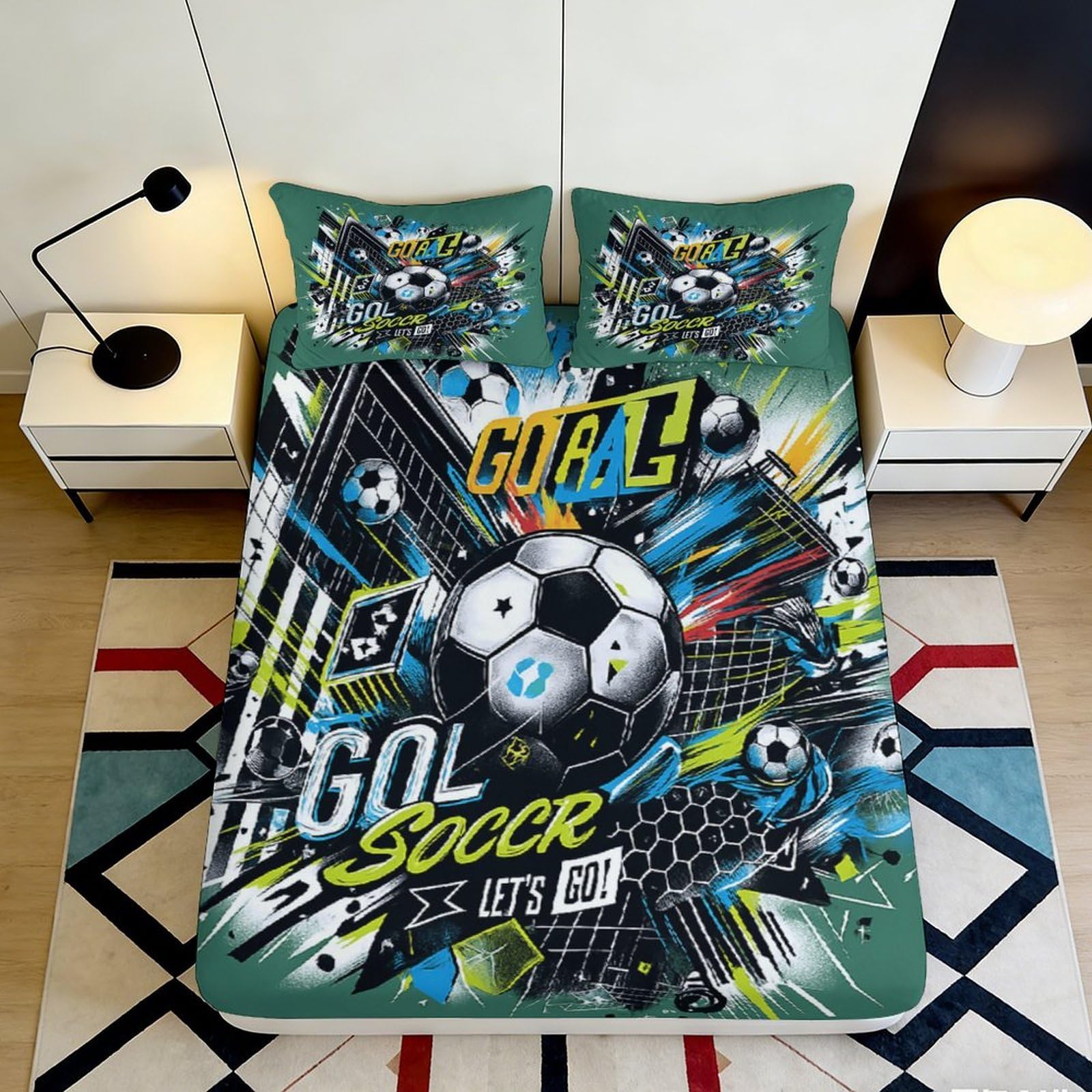 3D Printed Soccer Graffiti Fitted Sheet Microfiber Soft Breathable Goal Theme Bed Cover for Bedroom Guest Room 90x200x25cm