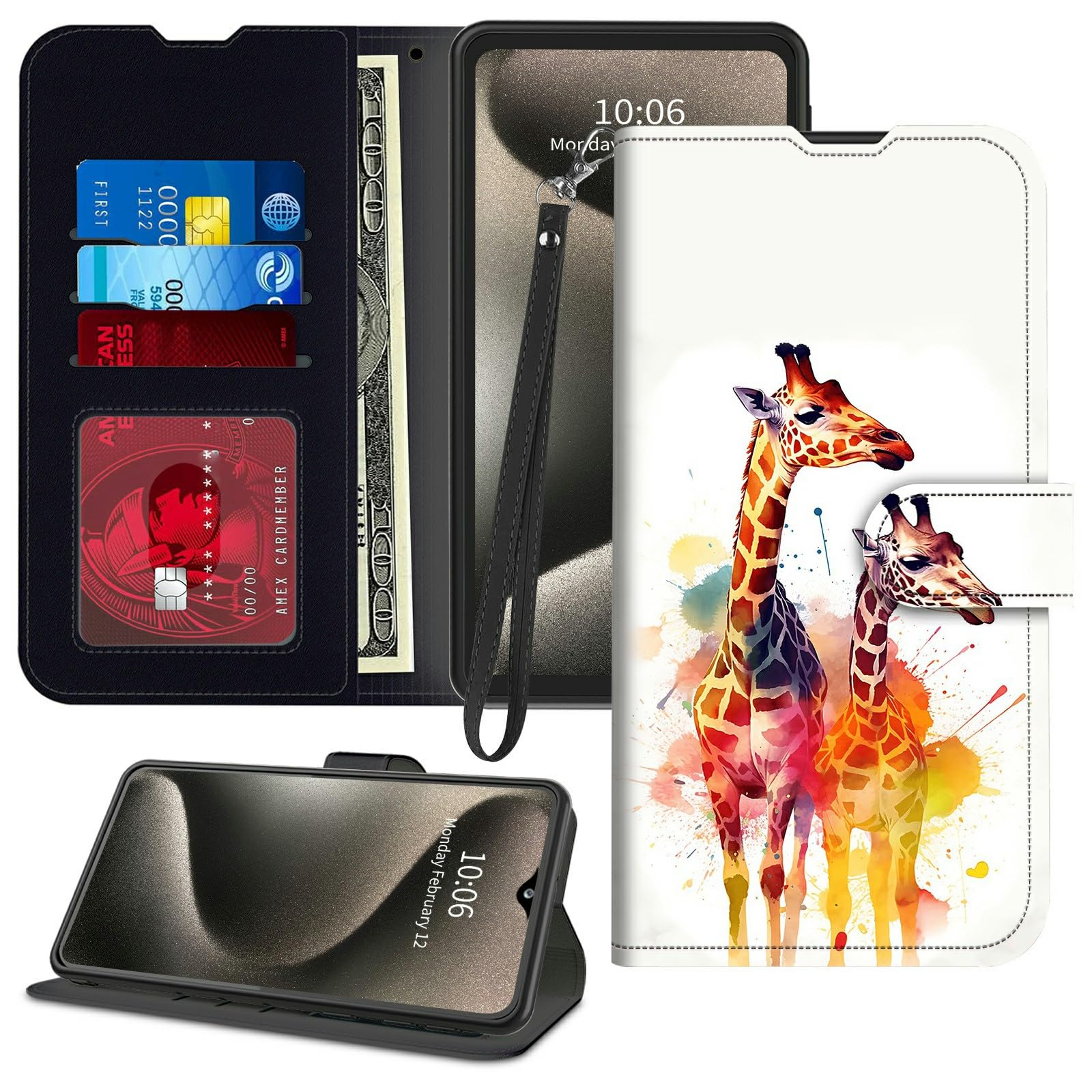 for Samsung Galaxy A15 5G Wallet Case PU Leather [Kickstand][Wrist Strap][Card Holder Slots] Shockproof Protective Magnetic Folio Flip Phone Case for Galaxy A15 5G 6.5" 2023,Art Giraffe