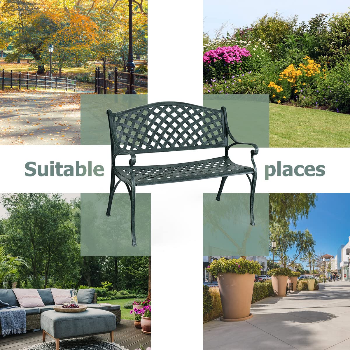 KOMFOTTEU Banco de Jardín de 2 Plazas, Banco de Parque de Aluminio con Carga de 280 kg, Asiento para Exterior con Respaldo Alto y Reposabrazos, para Balcón, Patio, 103 x 60 x 83 cm