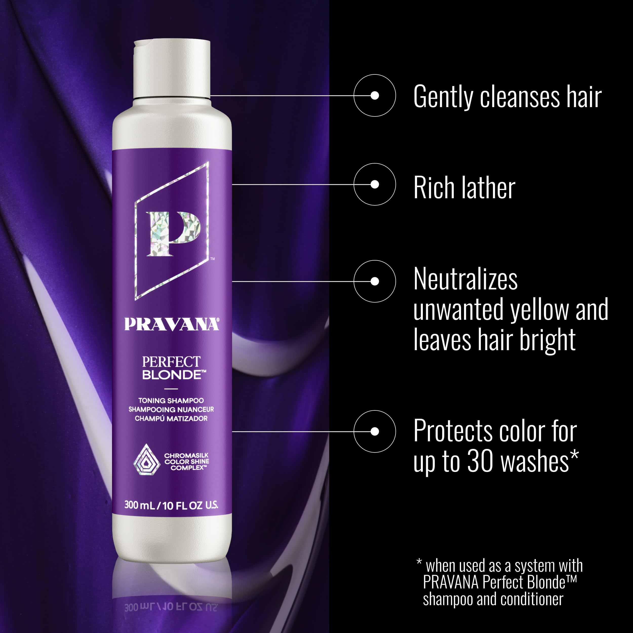Pravana The Perfect Blonde Purple Toning Shampoo | Neutralizes Brassy, Yellow Tones | For Color Treated Hair | Chromasilk Enhances Shine & Protection | Vegan, Cruelty-Free | Paraben & Sulfate Free