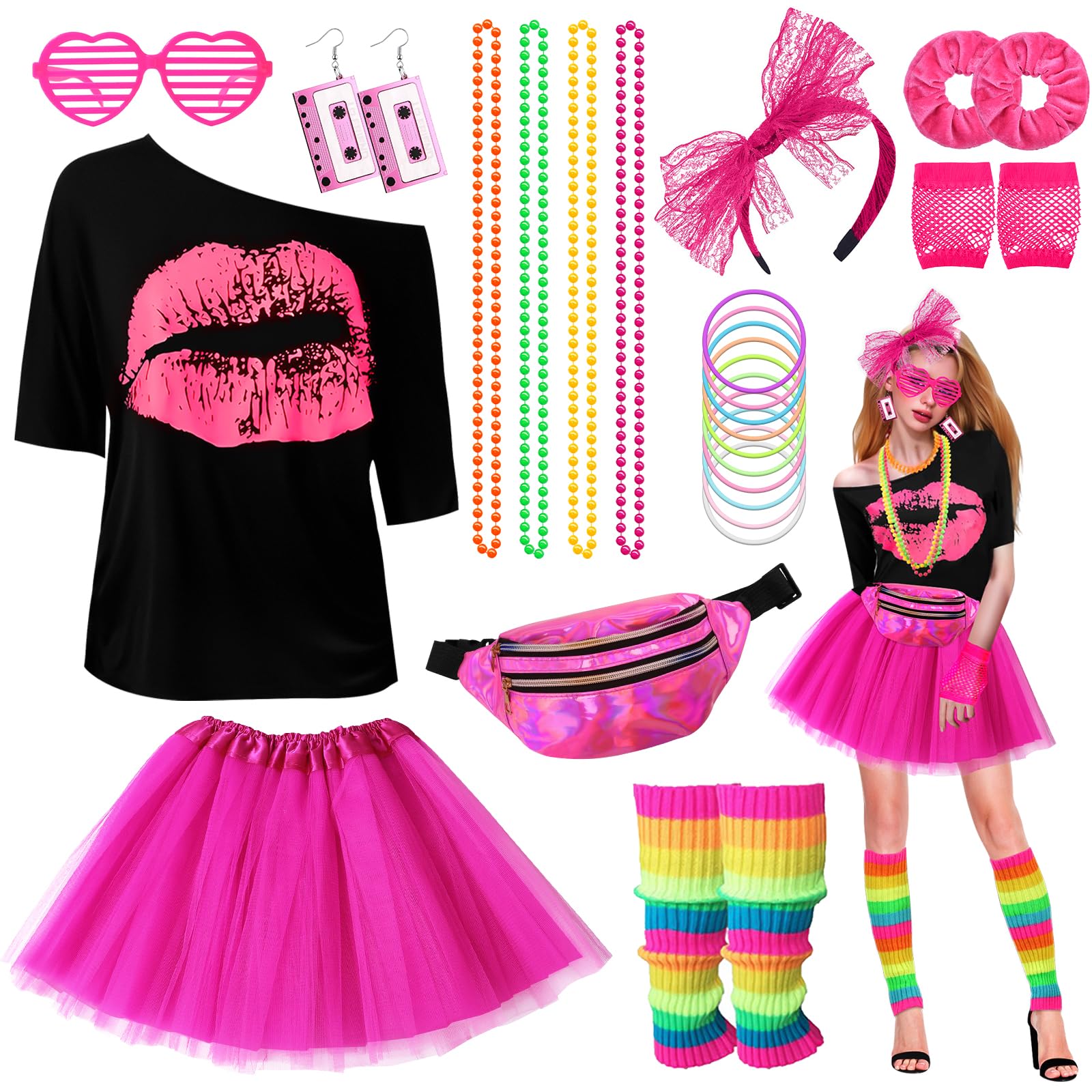 80s Fancy Dress Costume Accessories Set for Women, Lip Print T-shirt,Neon Leg Warmers, Tutu Skirt, Fishnet Gloves, Glitter Waist Bag, Earrings, Bracelets, Hair Ties for 80s Retro Theme Party