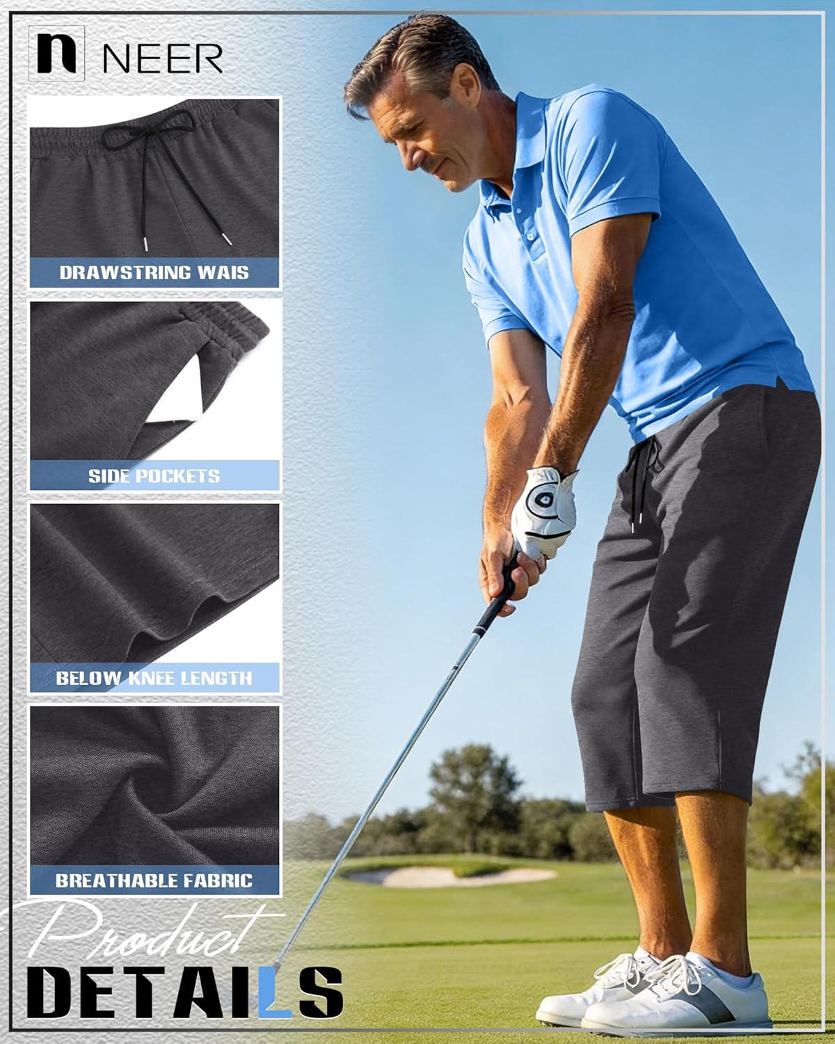 Neer 3 Pack Men's Baggy Capri Pants Plus Size Below Knee Casual 3/4 Shorts Big and Tall Summer Drawstring Pants with Pockets - Image 5