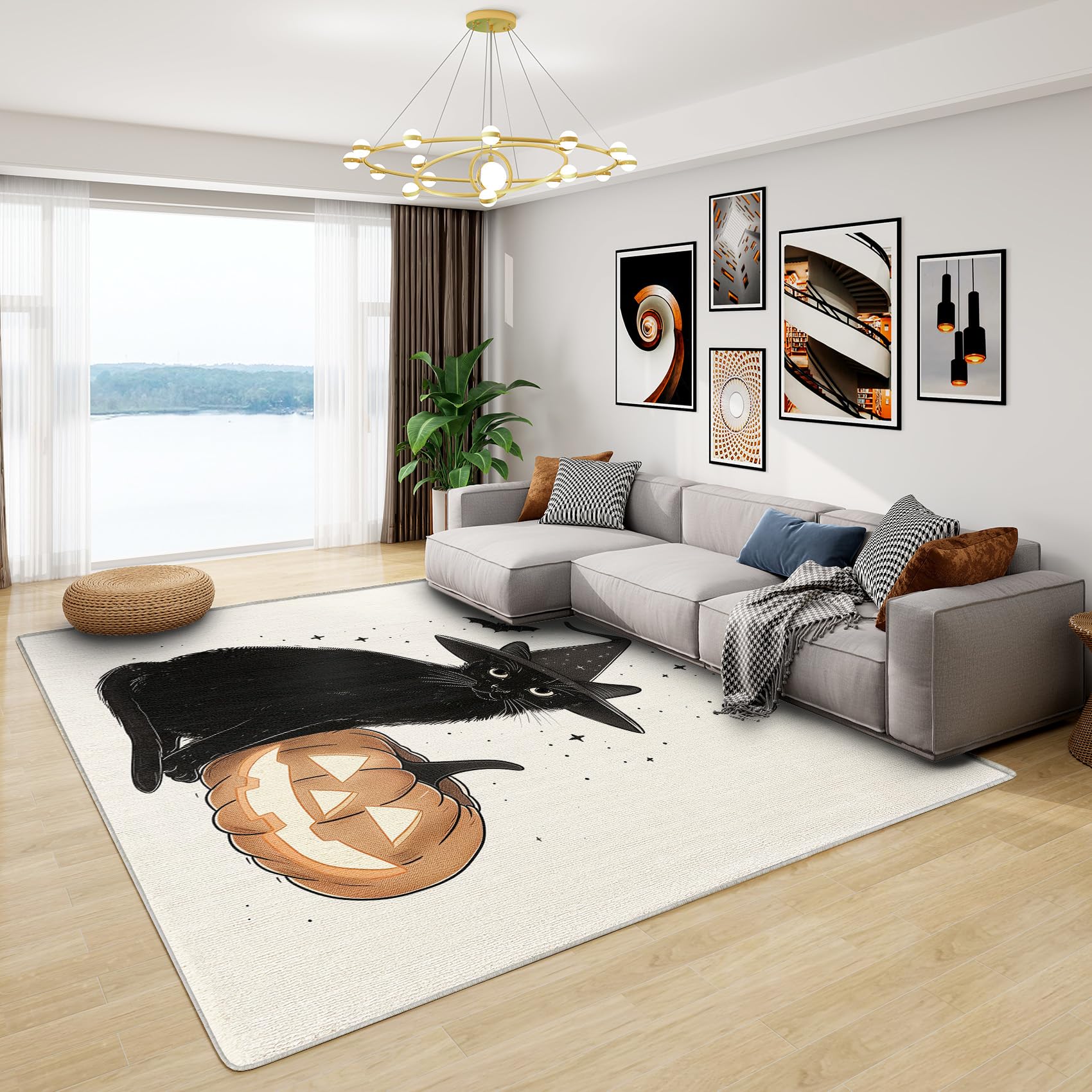Cat Rugs for Bedrooms - Black Cat Rug, Halloween Pumpkin Rugs for Living Room Bedroom, Washable Non Slip Soft Large Carpet, Patterned Area Rugs & Home Decor 120x180 cm