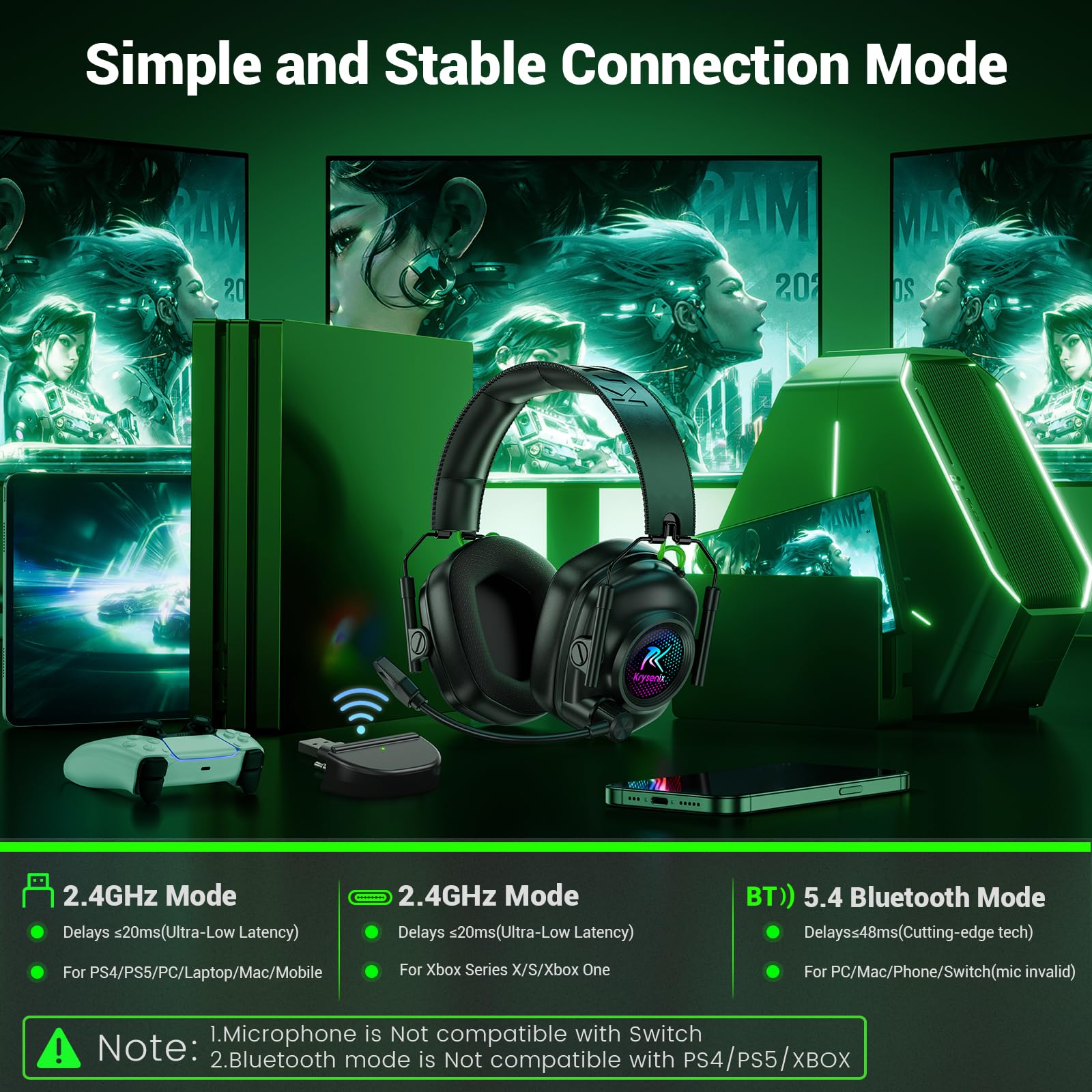 Cuffie da gioco wireless per Xbox Series X|S, Xbox One, PC, PS5, PS4, Mac, Switch, 2,4 GHz wireless e Bluetooth 5.4, cuffie da gioco con microfono con cancellazione del rumore, batteria da 50 ore