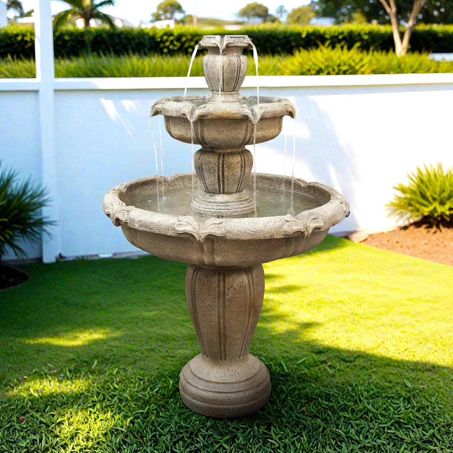SunJet 48” High Modern Concrete Outdoor Water Fountain - 3 Tiered Large Floor Water Fountain and Waterfalls with Electric Pump for Garden, Patio, Yard, and Deck Decor, Featuring Natural Stone Look