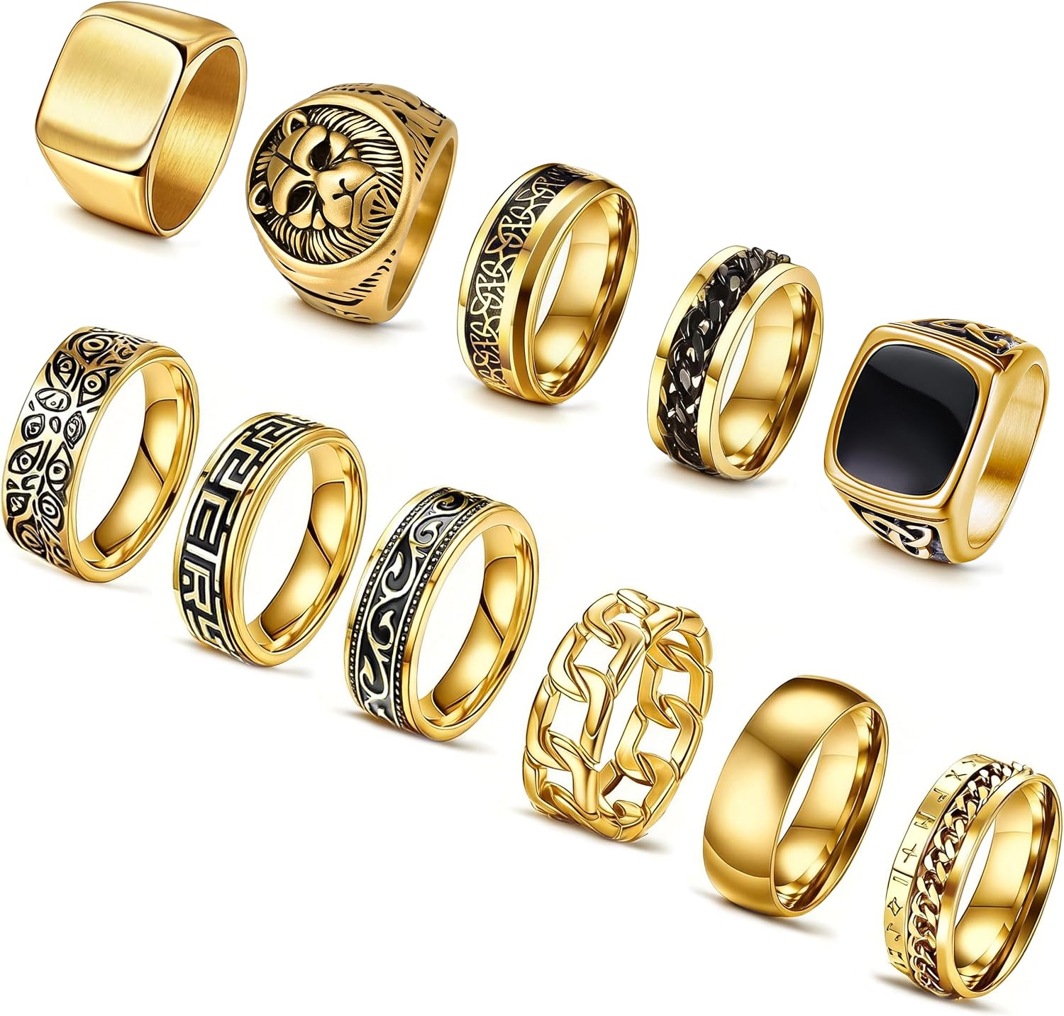 11Pcs Stainless Steel Vintage Signet Rings Square Signet Cuban Link Chain Chunky Thin Band Ring Silver Gold Polished Vintage Biker Rings for Men