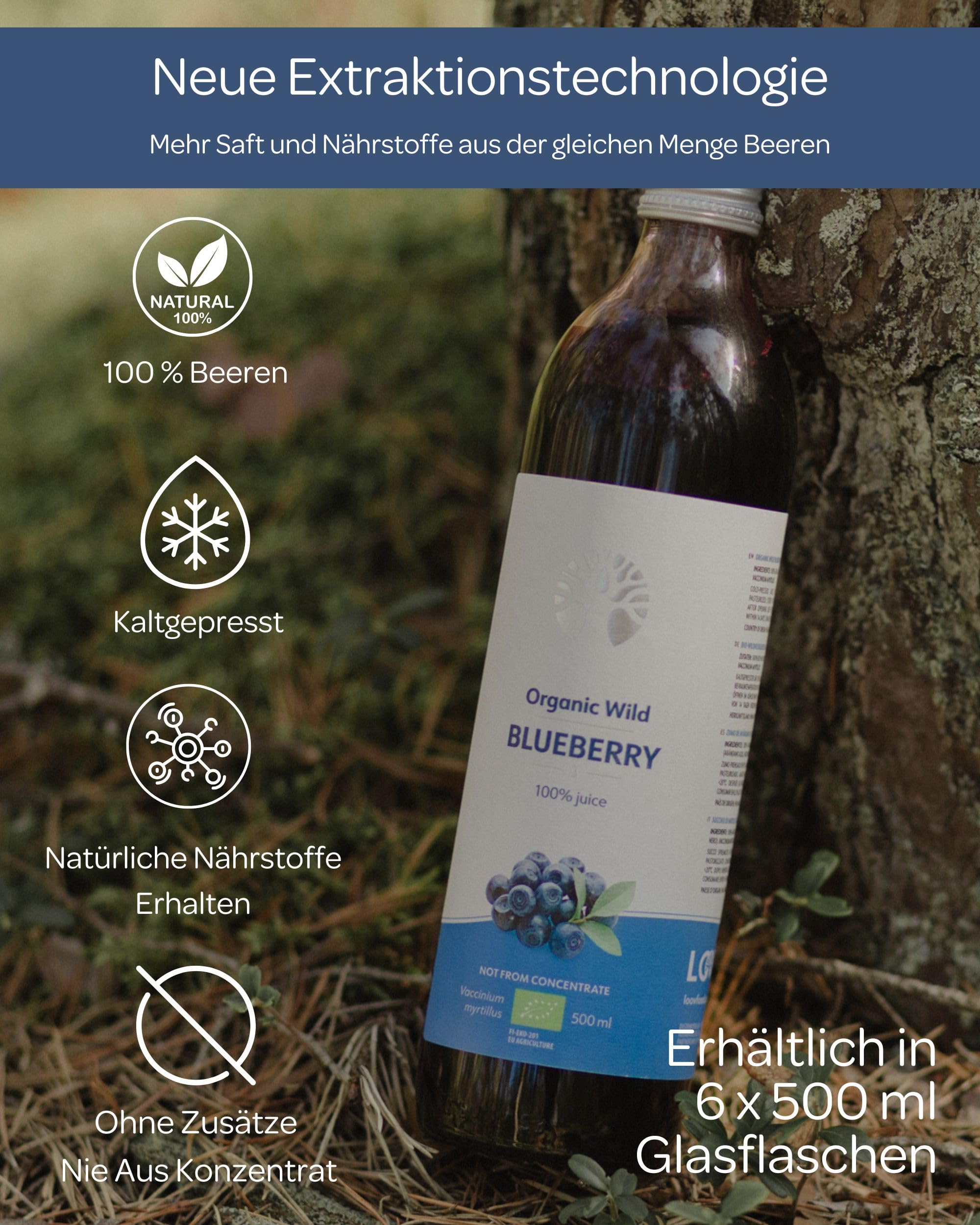 LOOV Bio Wildheidelbeersaft aus nordischen Wäldern, 100% direkt gepresster Blaubeersaft, nicht aus Konzentrat, ohne Wasser- und Zuckerzusatz, echter Direktsaft, 6 x 500 ml