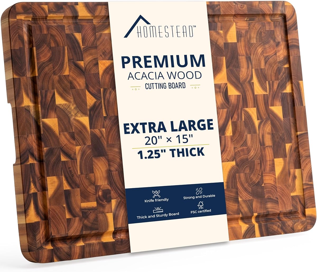 HOMESTEAD End Grain Acacia Wood Cutting Board 20x15x1.25, Reversible Butcher Block Board for Kitchen with Deep Juice Groove, Handles, Knife-Friendly Surface for Meat Chopping and Charcuterie Serving