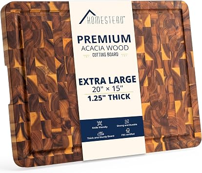 HOMESTEAD End Grain Acacia Wood Cutting Board 20x15x1.25, Reversible Butcher Block Board for Kitchen with Deep Juice Groove, Handles, Knife-Friendly Surface for Meat Chopping and Charcuterie Serving