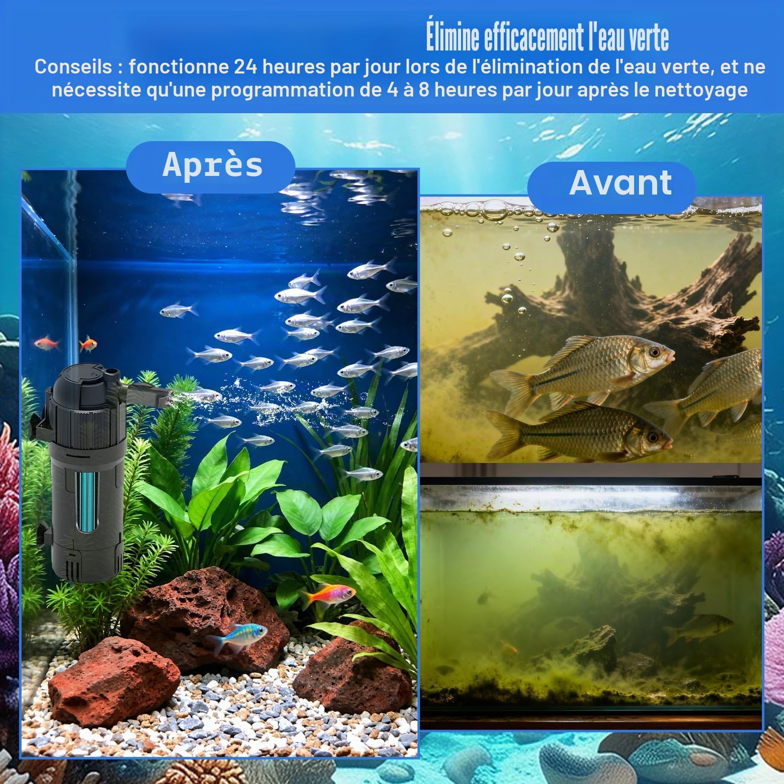 Filtre interne d'aquarium avec stérilisateur UV qui transforme l'eau verte en eau claire pour aquarium de 15 à 80 L, filtres réglables 5 en 1 pour aquariums avec débit et direction