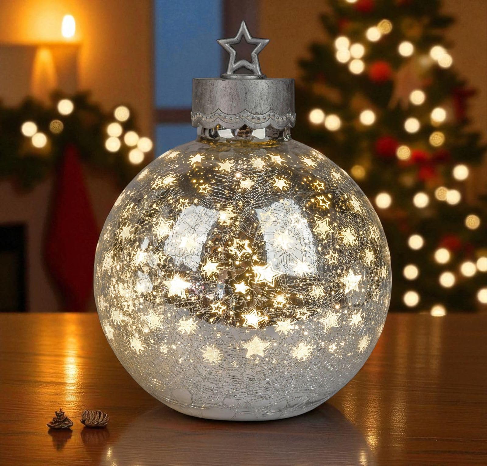 formano LED Deko-Kugel 35cm Silber Sterne Glaskugel mit Timer 6h/18h beleuchtet - inkl. Batteriebetrieben - Herbst Winter Weihnachtsdeko für Tisch Regal Fensterbank